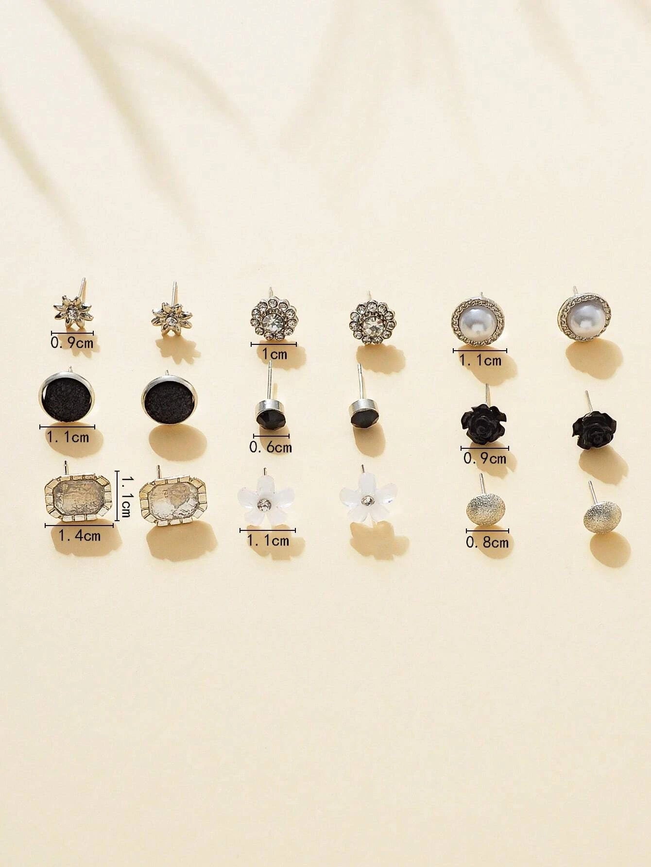 9Pairs/Set Rhinestone & Flower Decor Stud Earrings