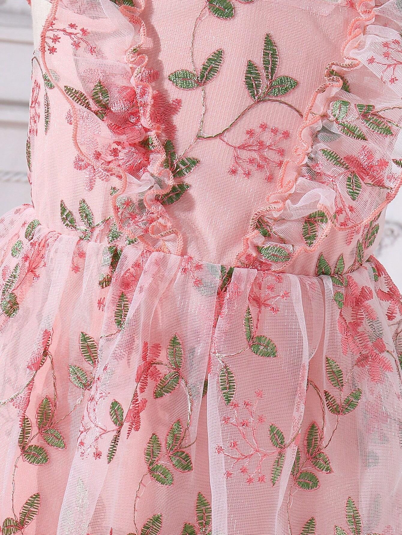 Young Girls' Elegant Princess Dresses, Flower Embroidered Tulle Dress with Puffy Sleeves for Wedding/Birthday/Party/Holiday, Sweet Pink Summer Clothes