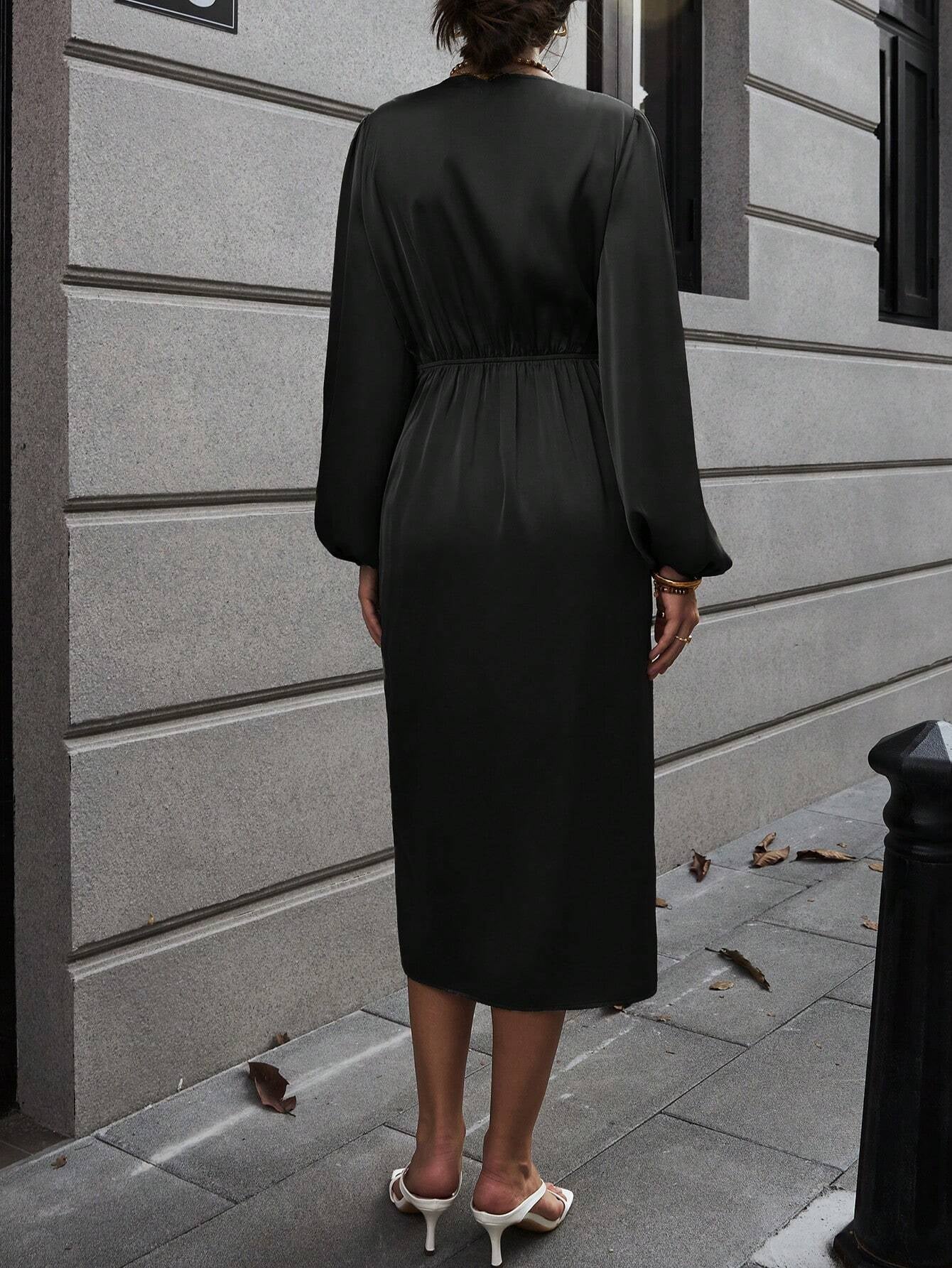 Clasi Lantern Sleeve Knot Side Wrap Satin Dress