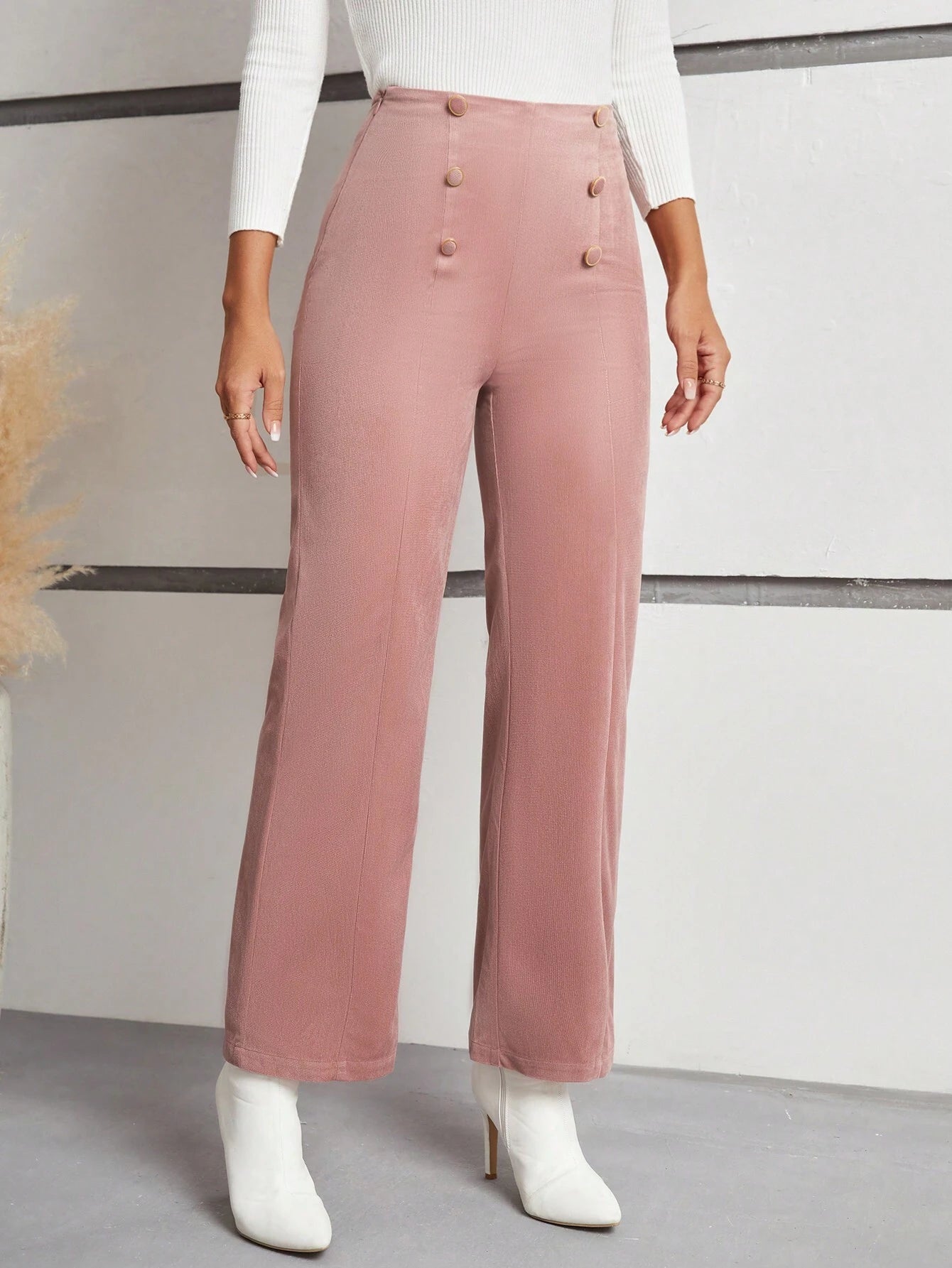 Frenchy High-Waisted Straight Leg Pants with Double Breasted Decoration