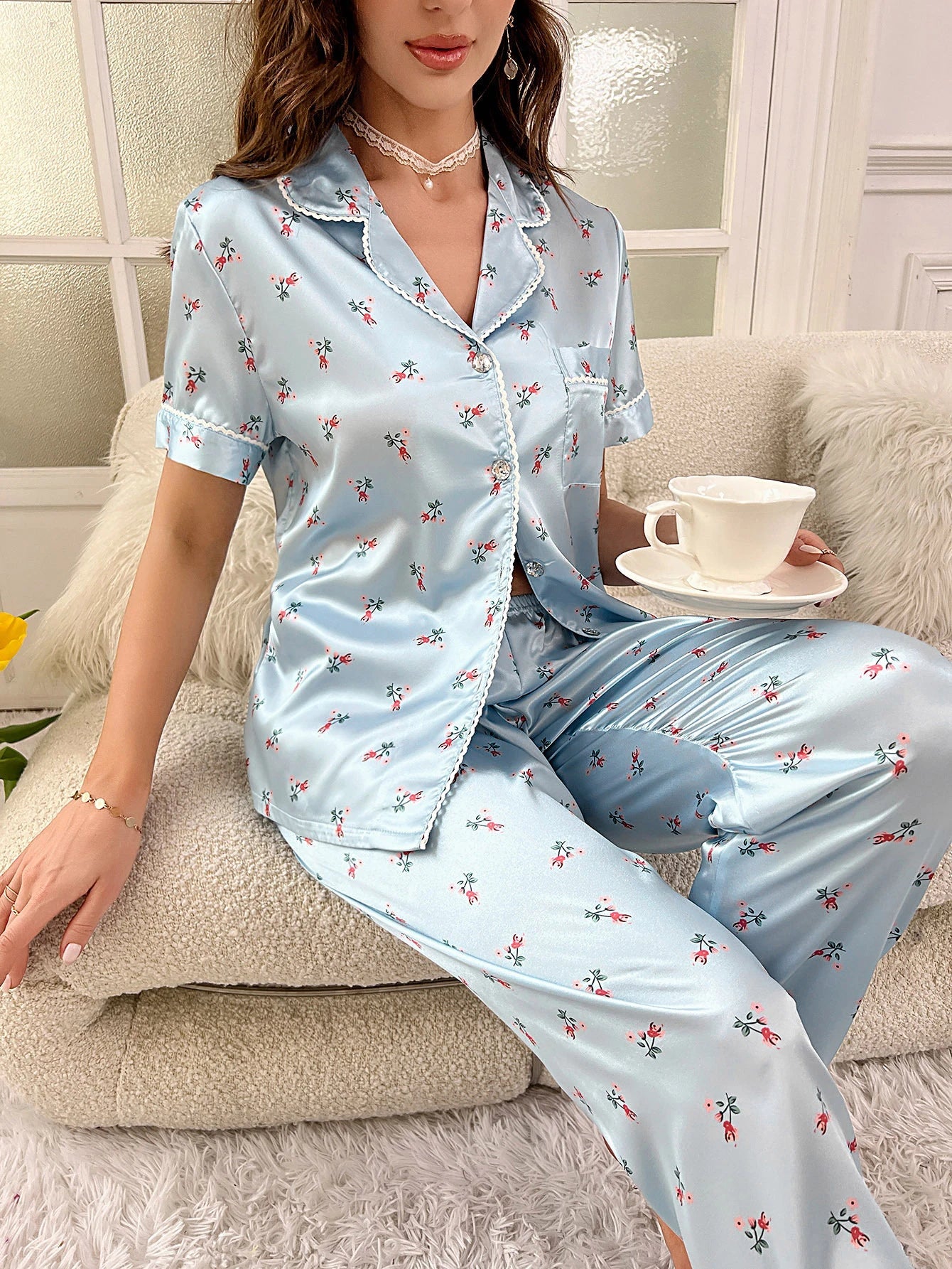 Ditsy Floral Contrast Piping Satin PJ Set