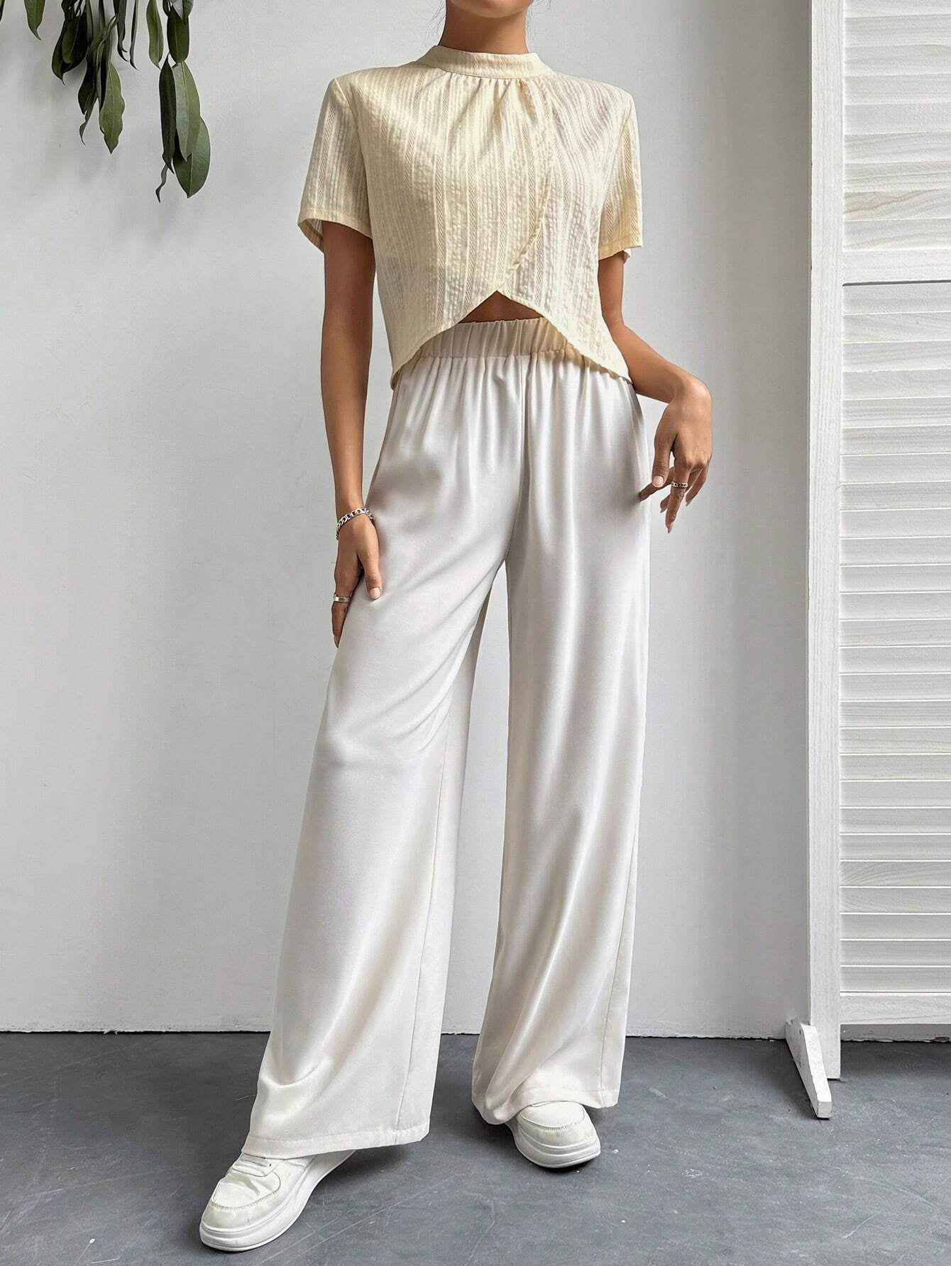 Essnce Women'S Stand Collar Irregular Hem Top and Pants Two-Piece Set