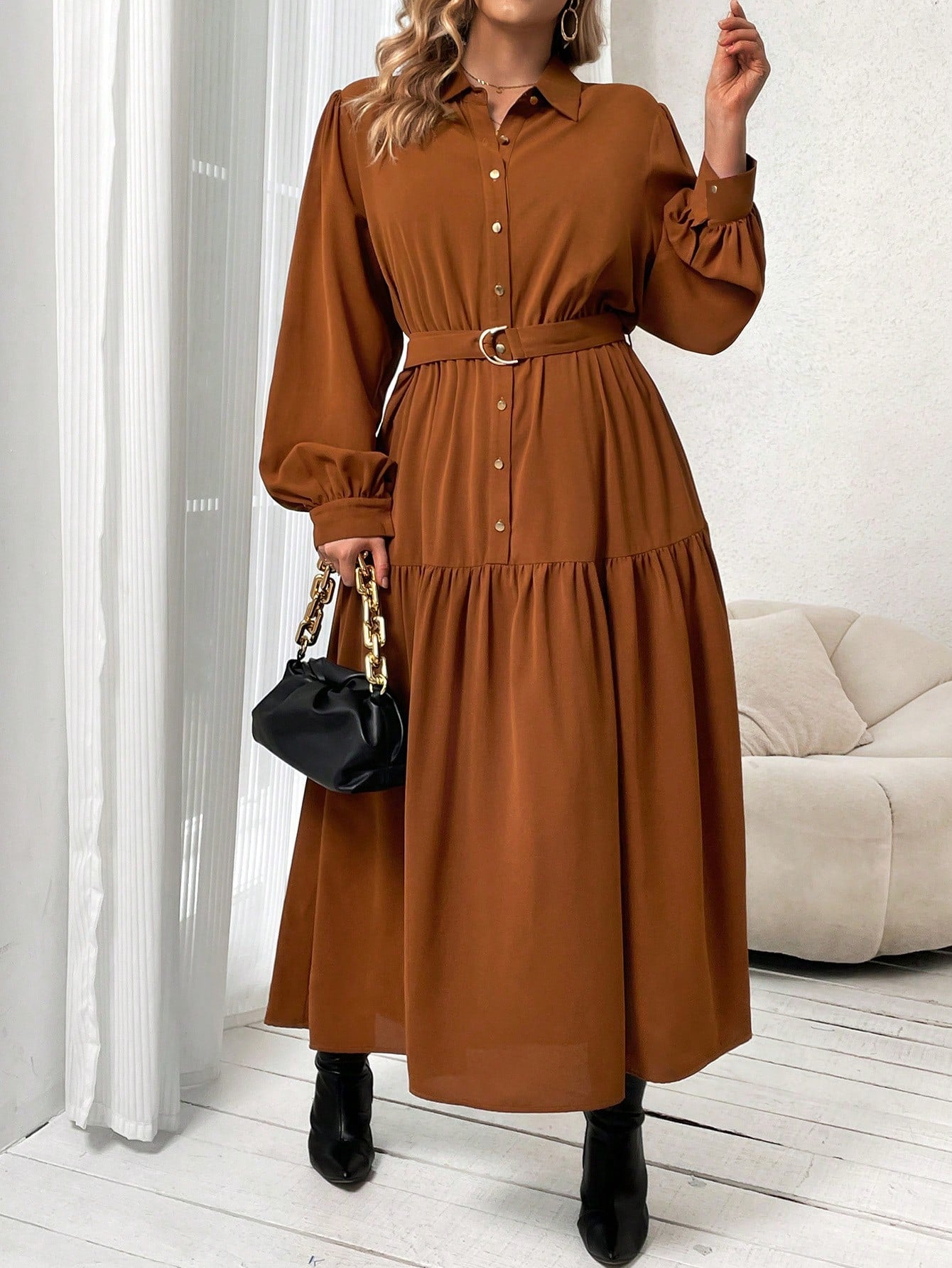 Frenchy plus Lantern Sleeve Ruffle Hem Belted Shirt Dress