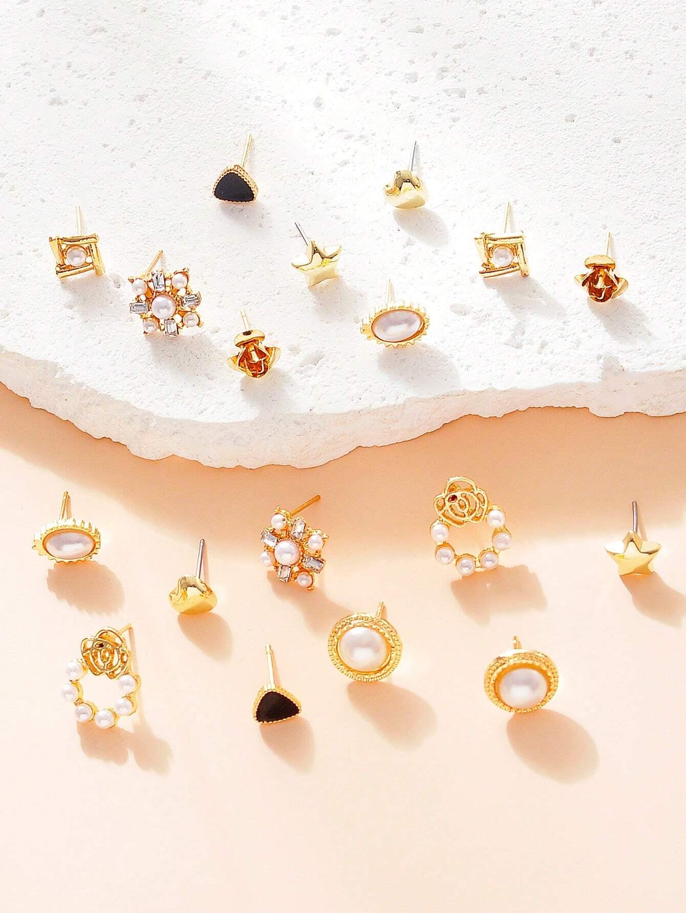 9Pairs/Set Rhinestone & Flower Decor Stud Earrings