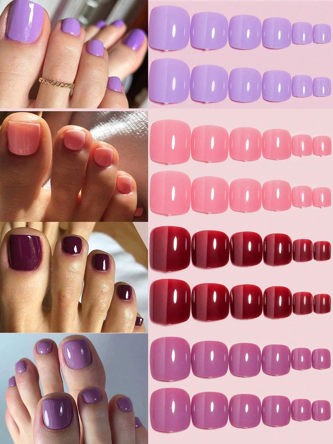 96Pcs(Black/White/Red/Light Pink) Short Square Press on Toenails Designed Press on Toenails Full Cover, 4 Glossy False Toenails for Feet, French Design Fake Toenails for Summer Nail Art Set for Women and Girls with Re-Usable Storage Box