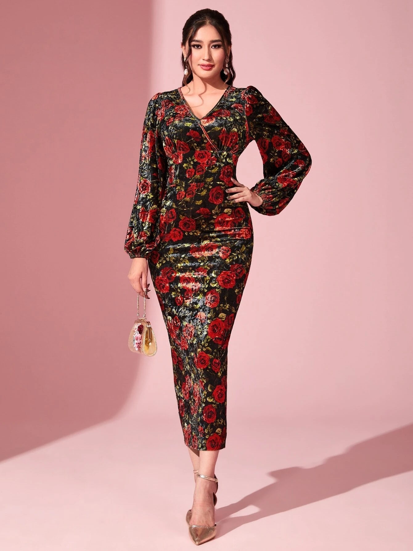 Modely Floral Print Lantern Sleeve Split Back Velvet Dress