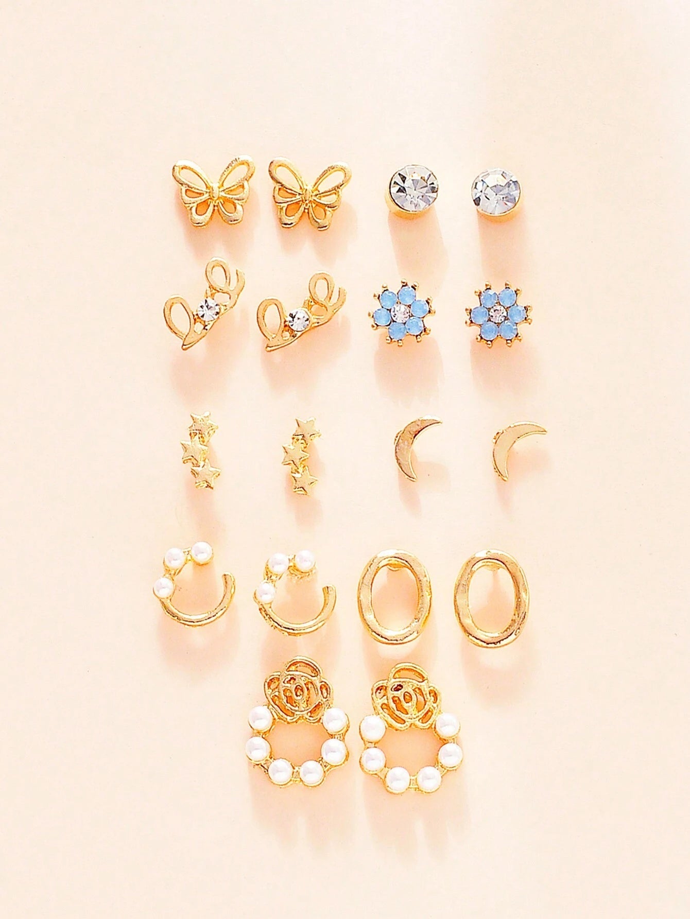 9Pairs/Set Rhinestone & Flower Decor Stud Earrings