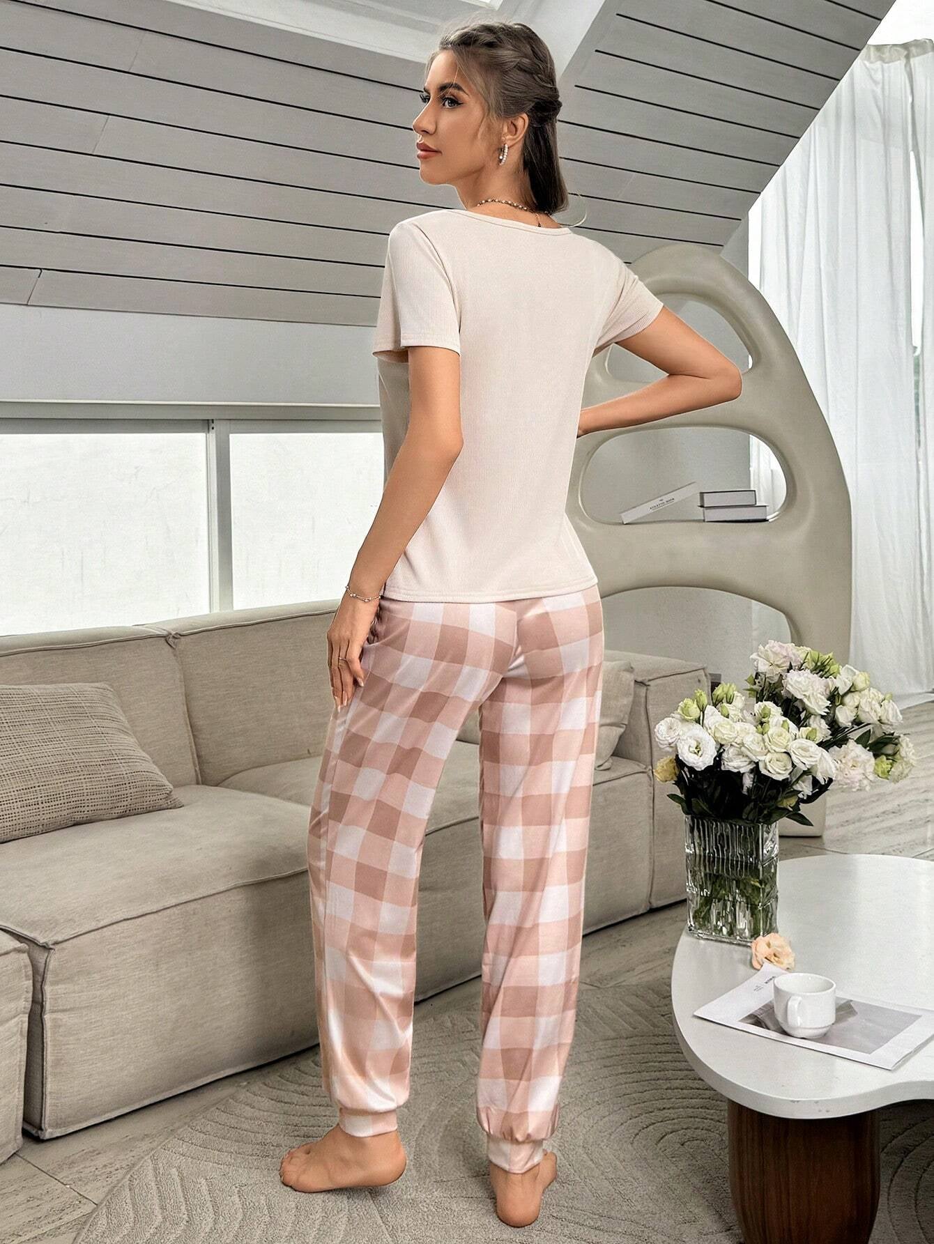 Size L Plaid Pants and Solid Color Short Sleeve T-Shirt Women Home Wear Set