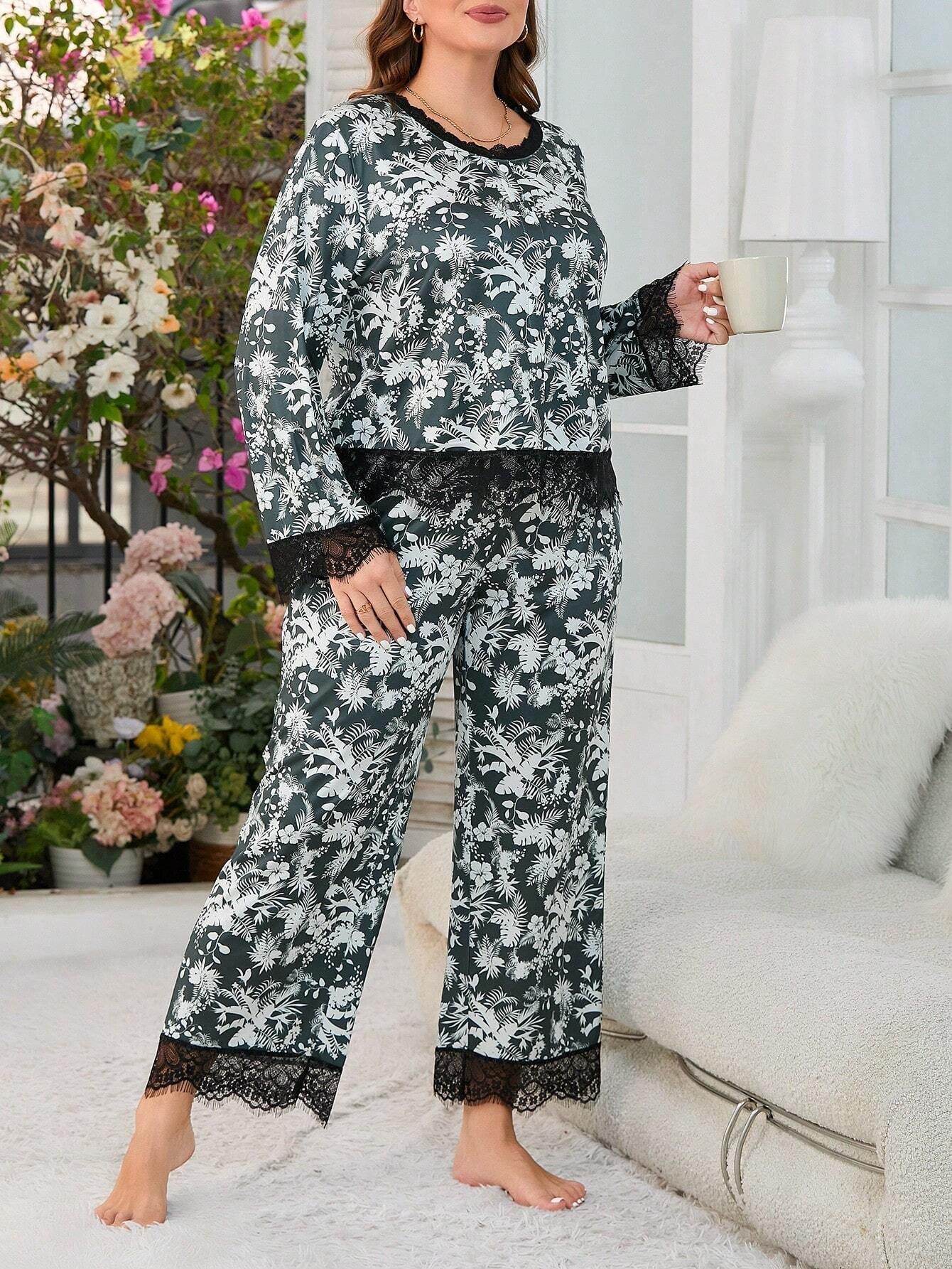 Plus Size Women'S Tropical Print Lace Patchwork Pajama Set