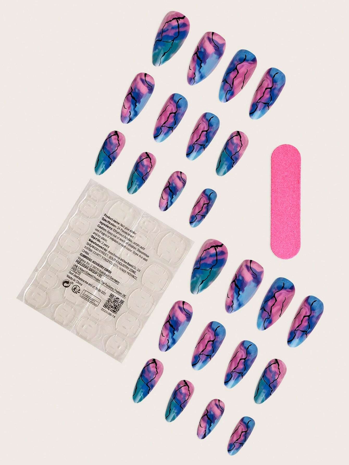 Marble Pattern, Silver Glitter, Medium Sized Coffin False Nails Set (24 Pcs) + Jelly Glue (1 Pc) + Nail File (1 Pc)