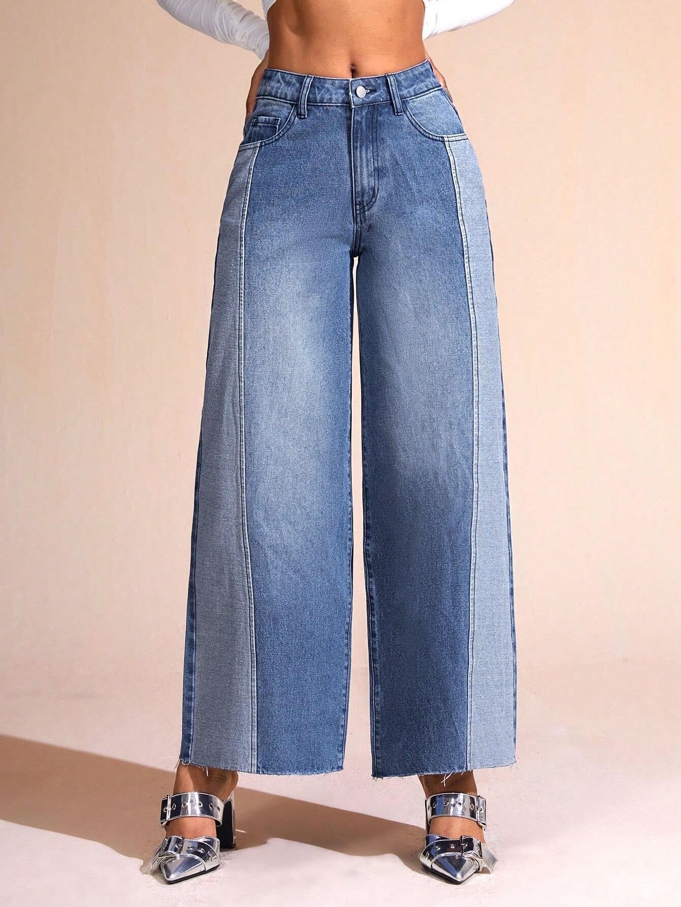 BAE Color Block Wide Leg Casual Denim Pants