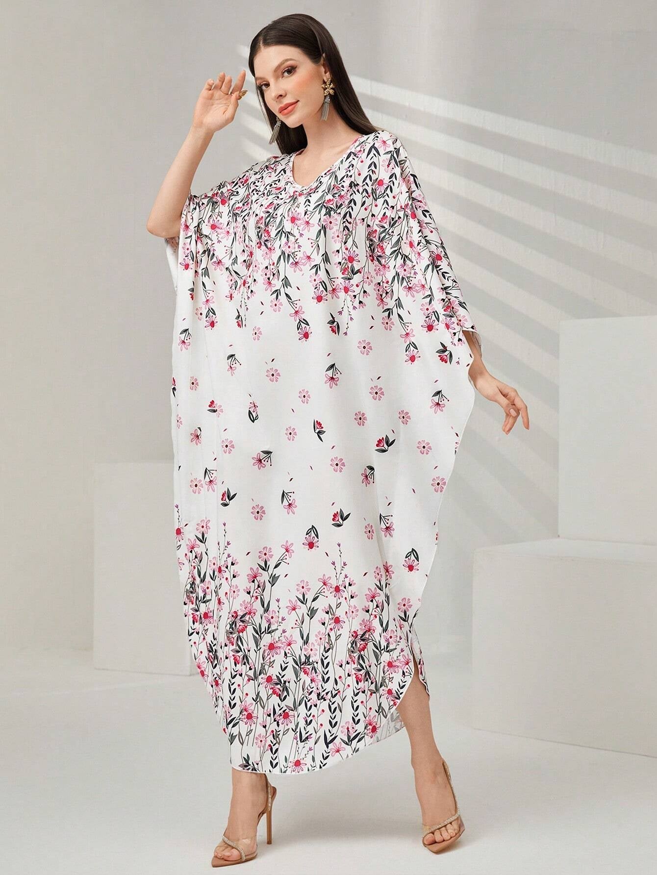Najma Women'S Floral Print Batwing Sleeve Turkish Long Shirt