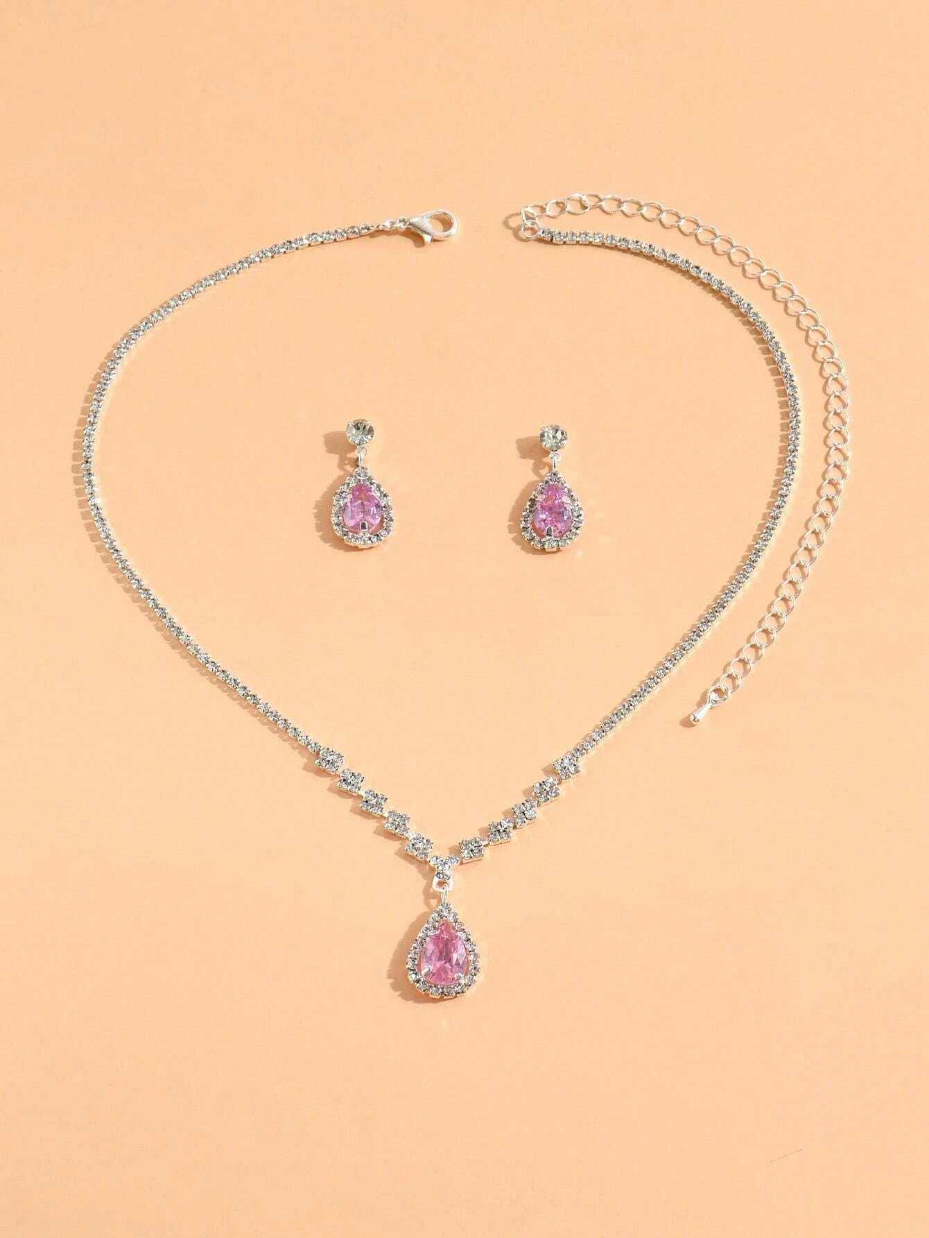 Rhinestone Water-Drop Charm Necklace & Drop Earrings for Women for Party Banquet Wedding