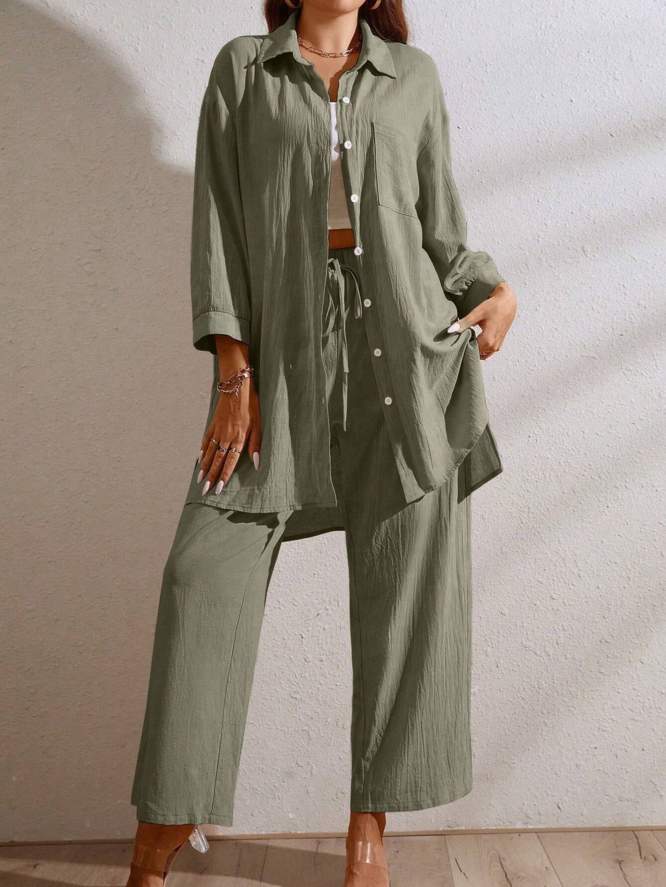 LUNE Women'S Long Drop Shoulder Shirt and Wide Leg Pants Set