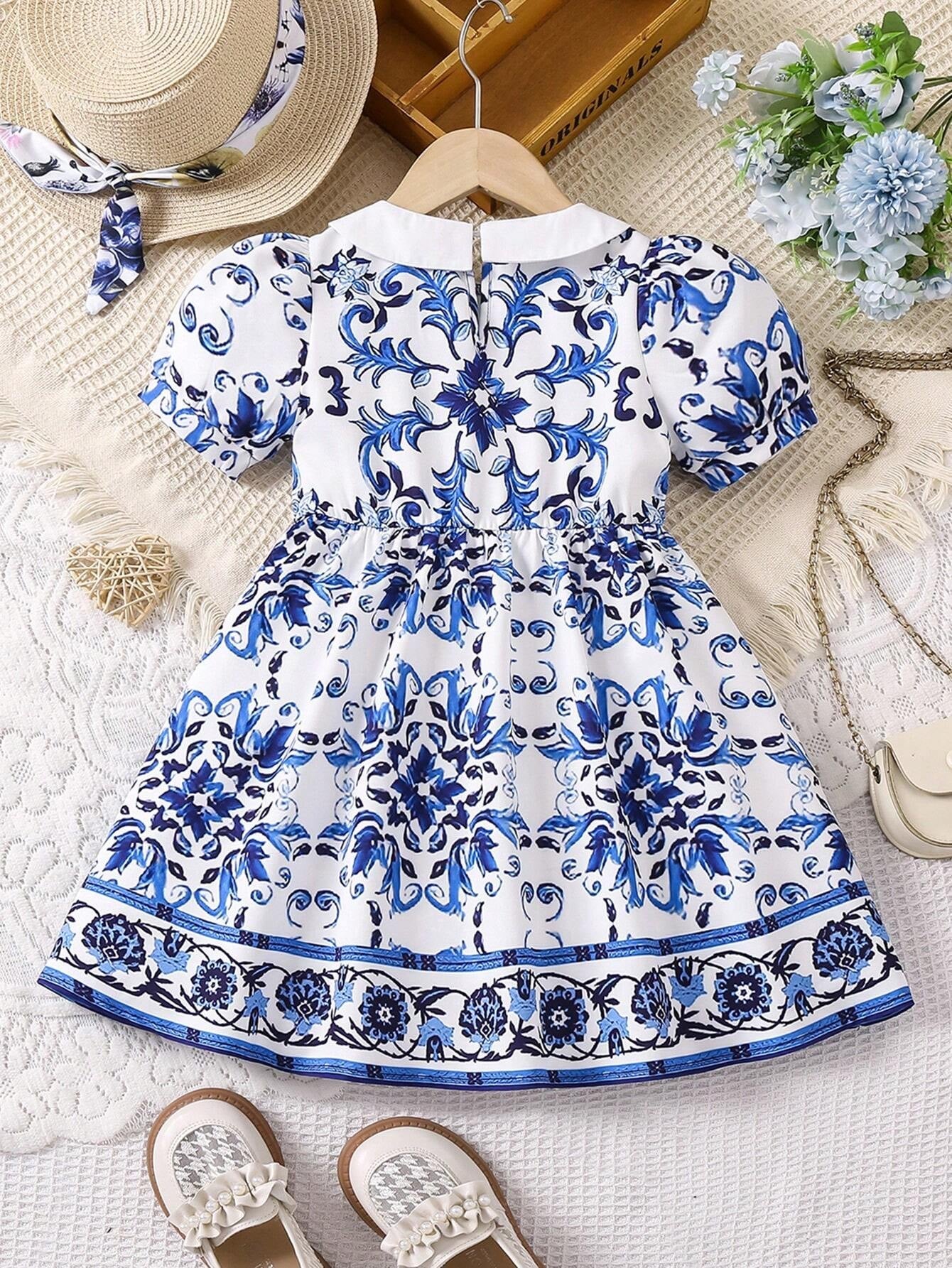 Young Girl Puff Sleeve Flower Print Dress