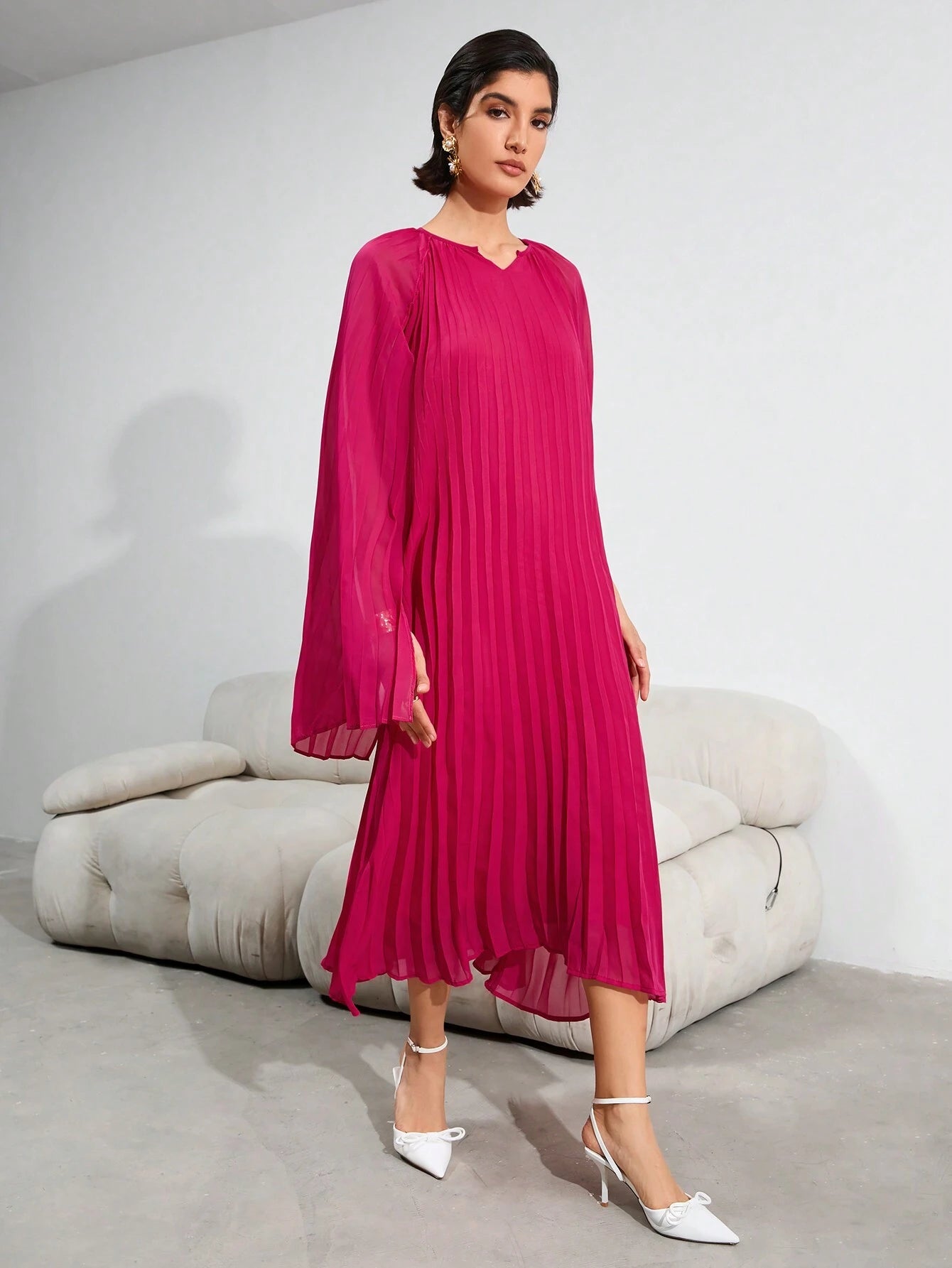 Privé Solid Color Cape Sleeve Pleated Dress