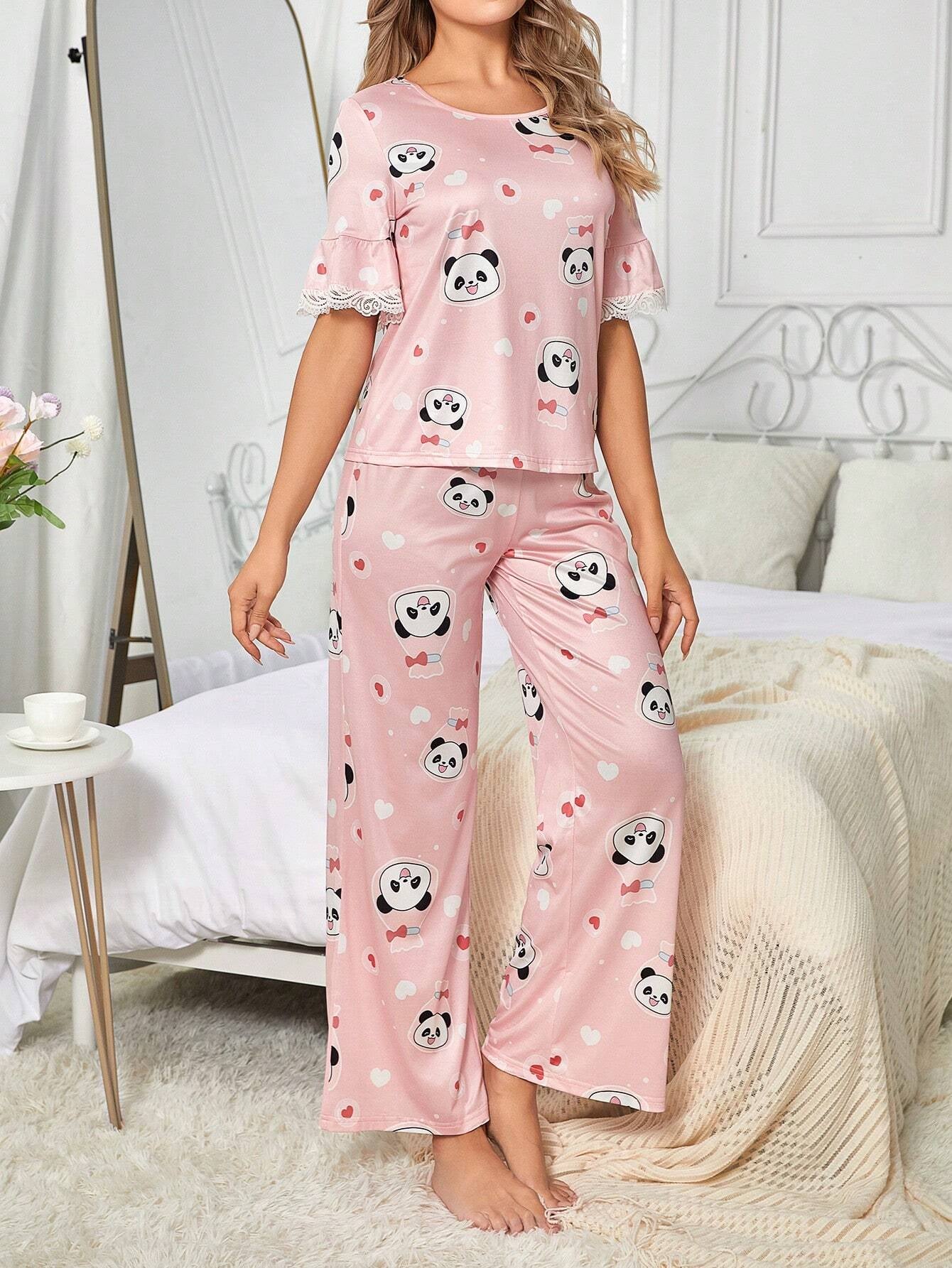 Women'S Cartoon Panda Print Lace Splice Pajama Set