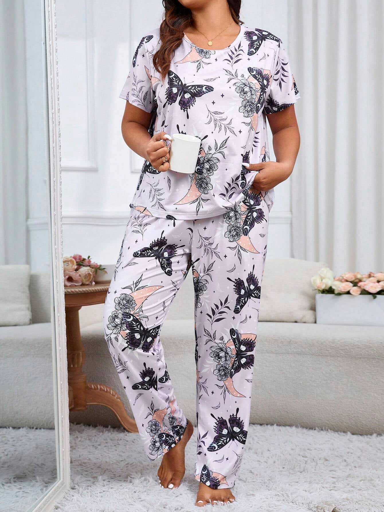 Plus Size Butterfly, Floral & Plants Printed Homewear Set