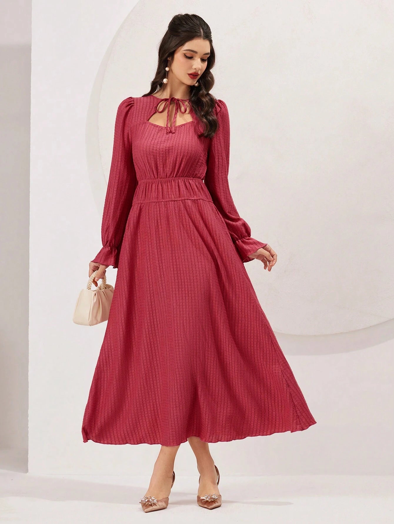 Mulvari Ladies' Solid Color Tie Neck Ruffled Sleeve Dress
