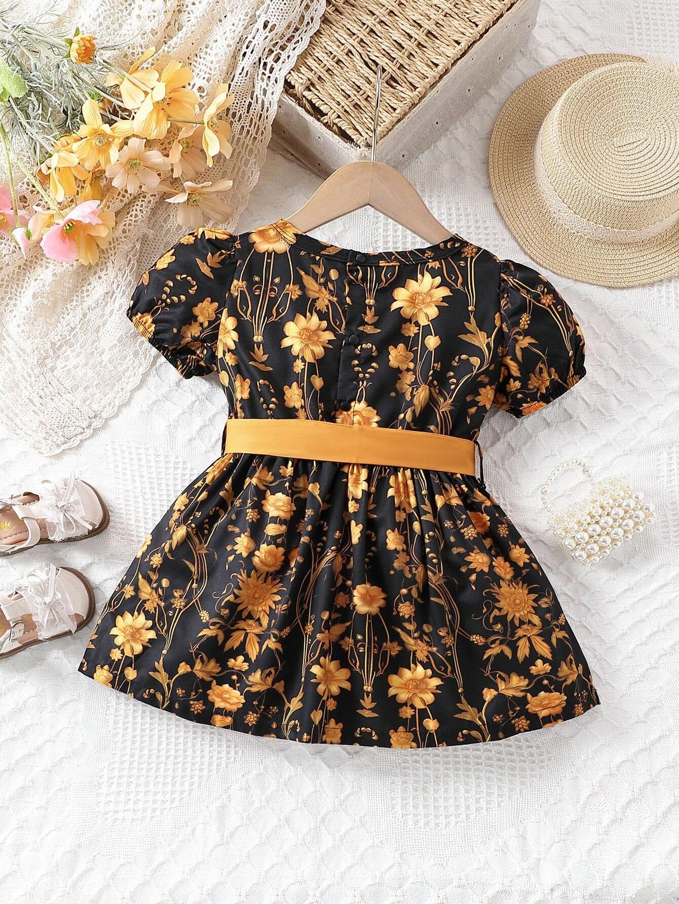 Baby Girl Golden Rose Gorgeous Printed Belted Dress