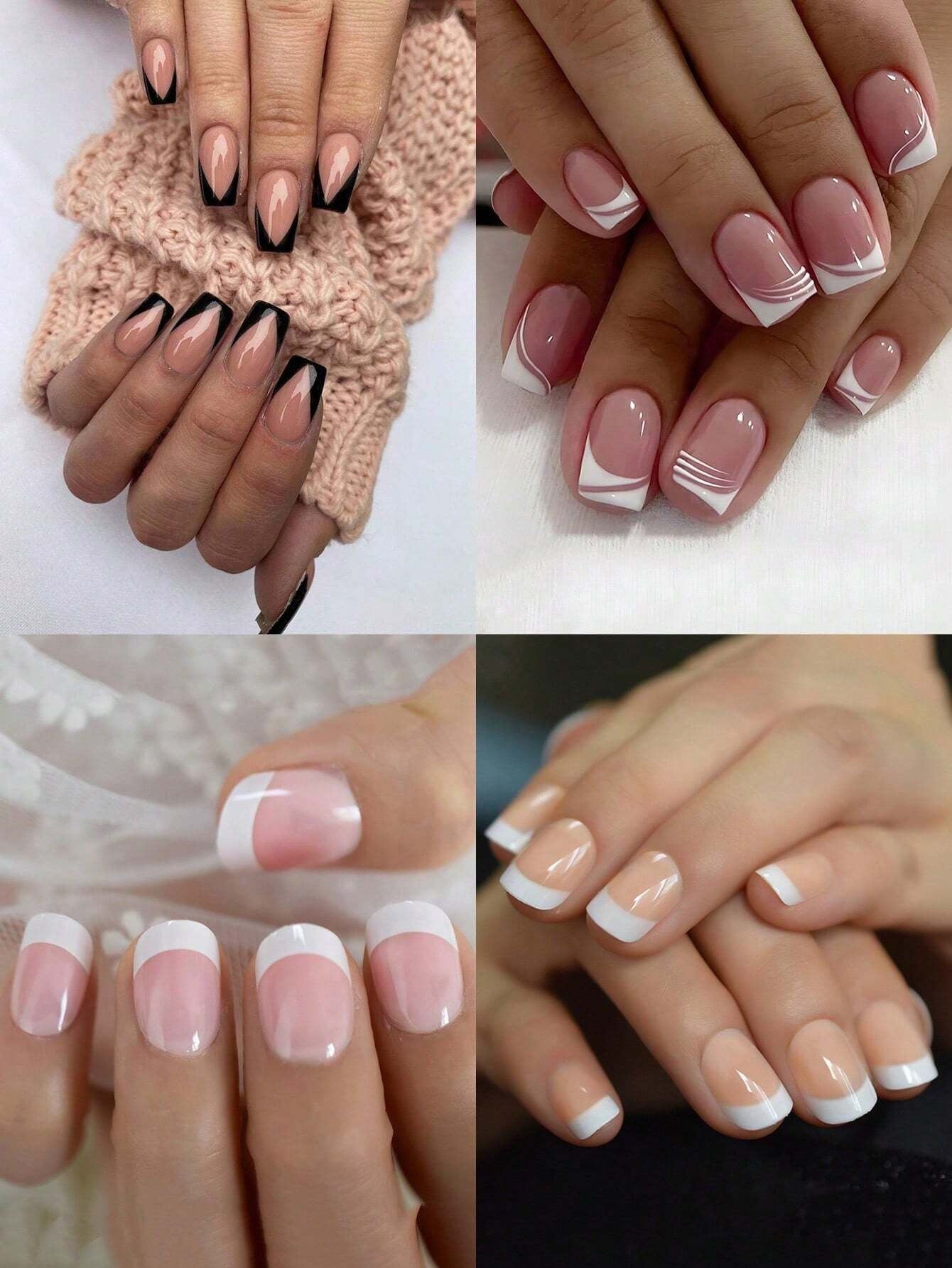 96Pcs(4Colors) Short Square Press on Nails Acrylic Short Fake Nails Full Cover Black and White French Designs Shiny Glue on Nails False Nail as Gift for Women and Girls with Storage Box