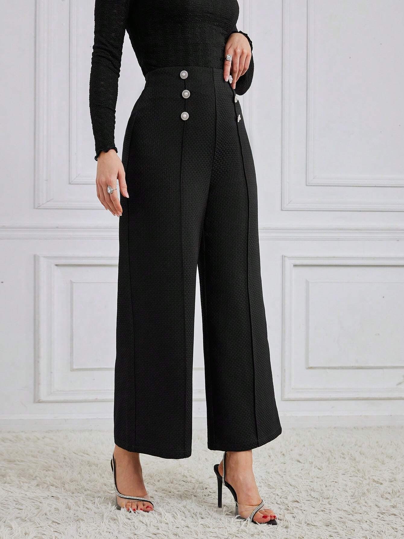Modely Women'S Loose Fit Wide Leg Pants with Button Detail