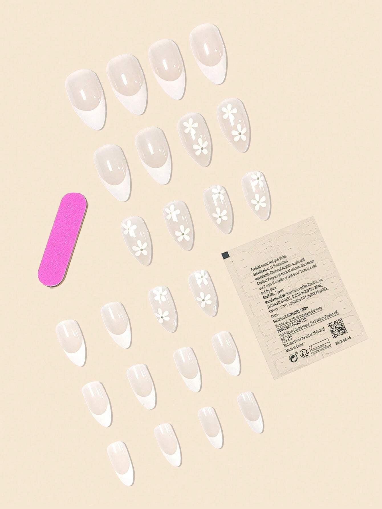 24Pcs False Nails in Waterdrop Shape, Black French Manicure with Small Flowers & Pointy Almond Shape +Jelly Glue + Nail File