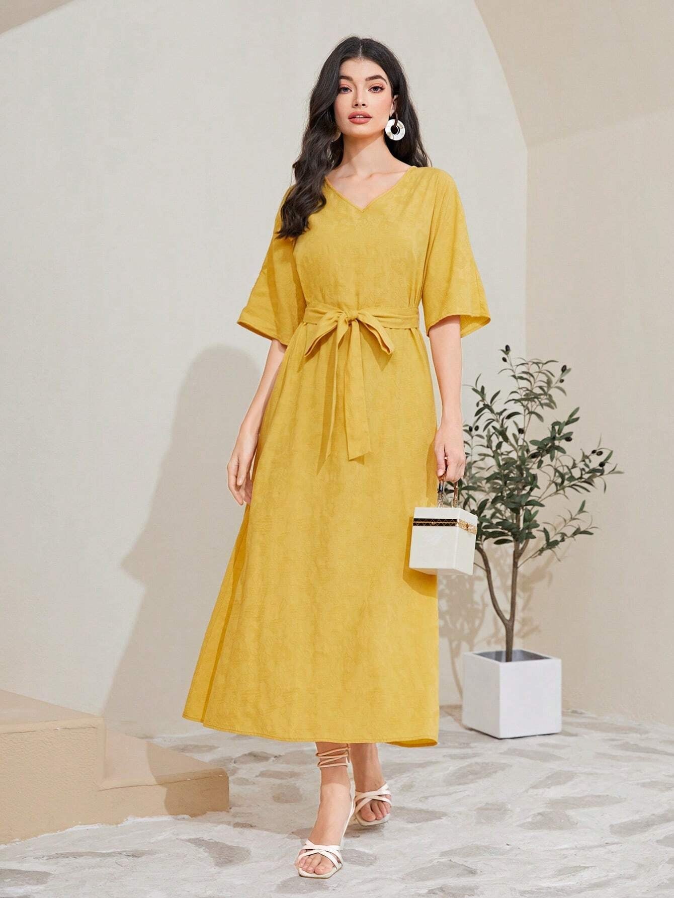 Mulvari Cotton Solid Belted A-Line Dress