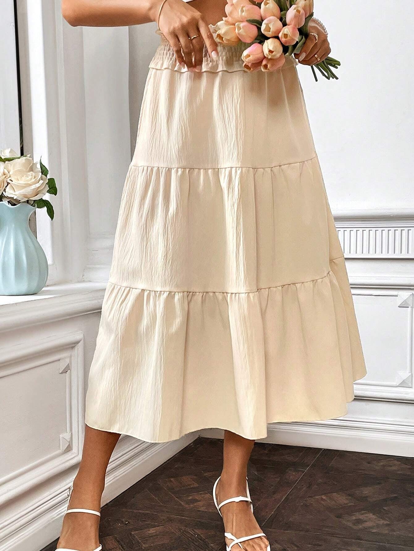 Ezwear Solid Colored Paper Bag Waist Midi Skirt