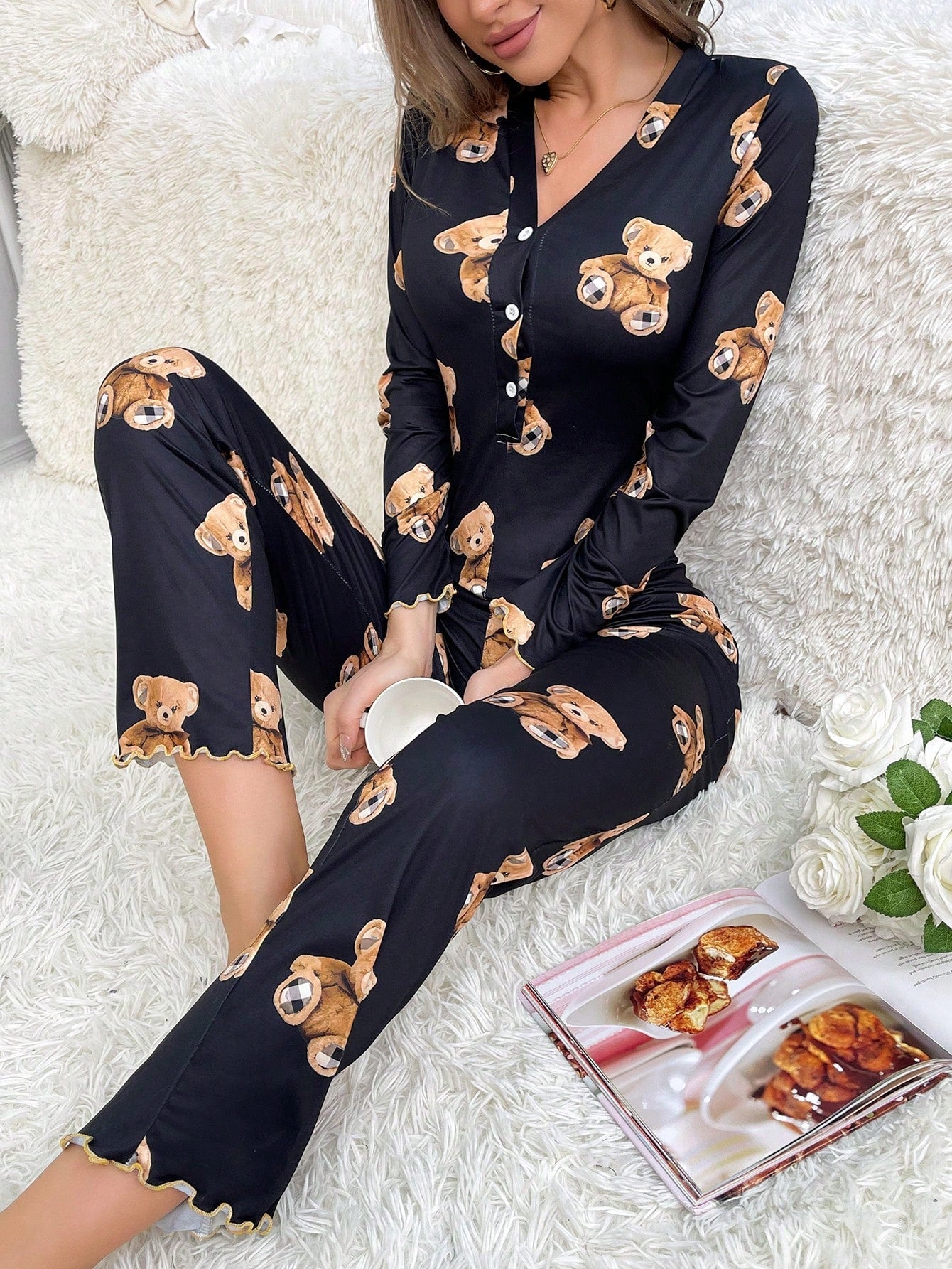 Bear Print Lettuce Trim Button Front Sleep Jumpsuit