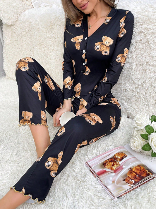 Bear Print Lettuce Trim Button Front Sleep Jumpsuit