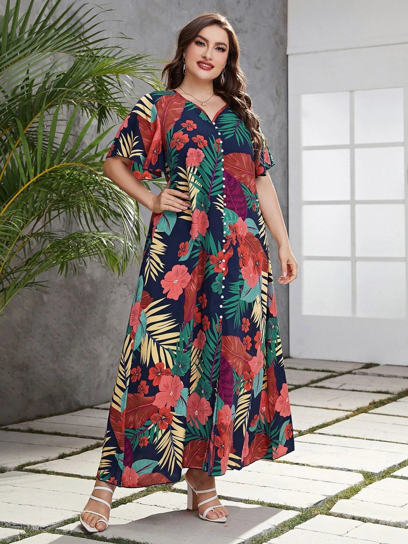 Mulvari plus Tropical Print Butterfly Sleeve Fake Button Dress