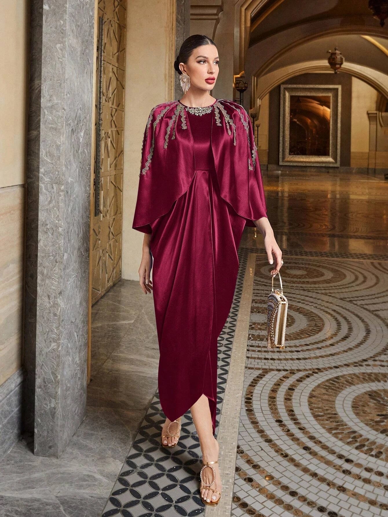 Modely Rhinestone Detail Batwing Sleeve Wrap Hem Dress