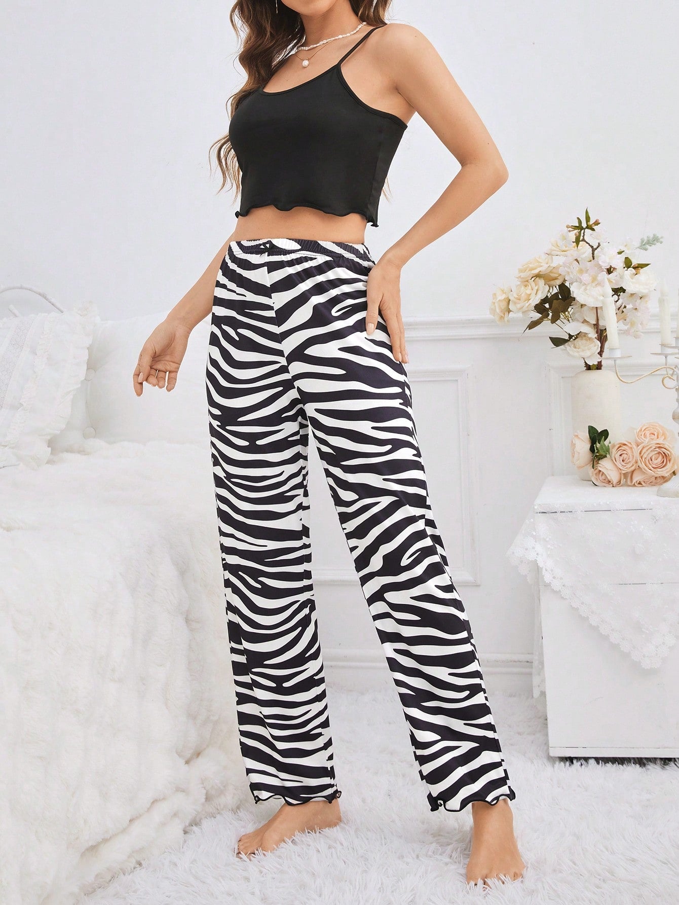 Women'S Ruffled Crop Cami Top and Zebra Printed Pants Pajama Set