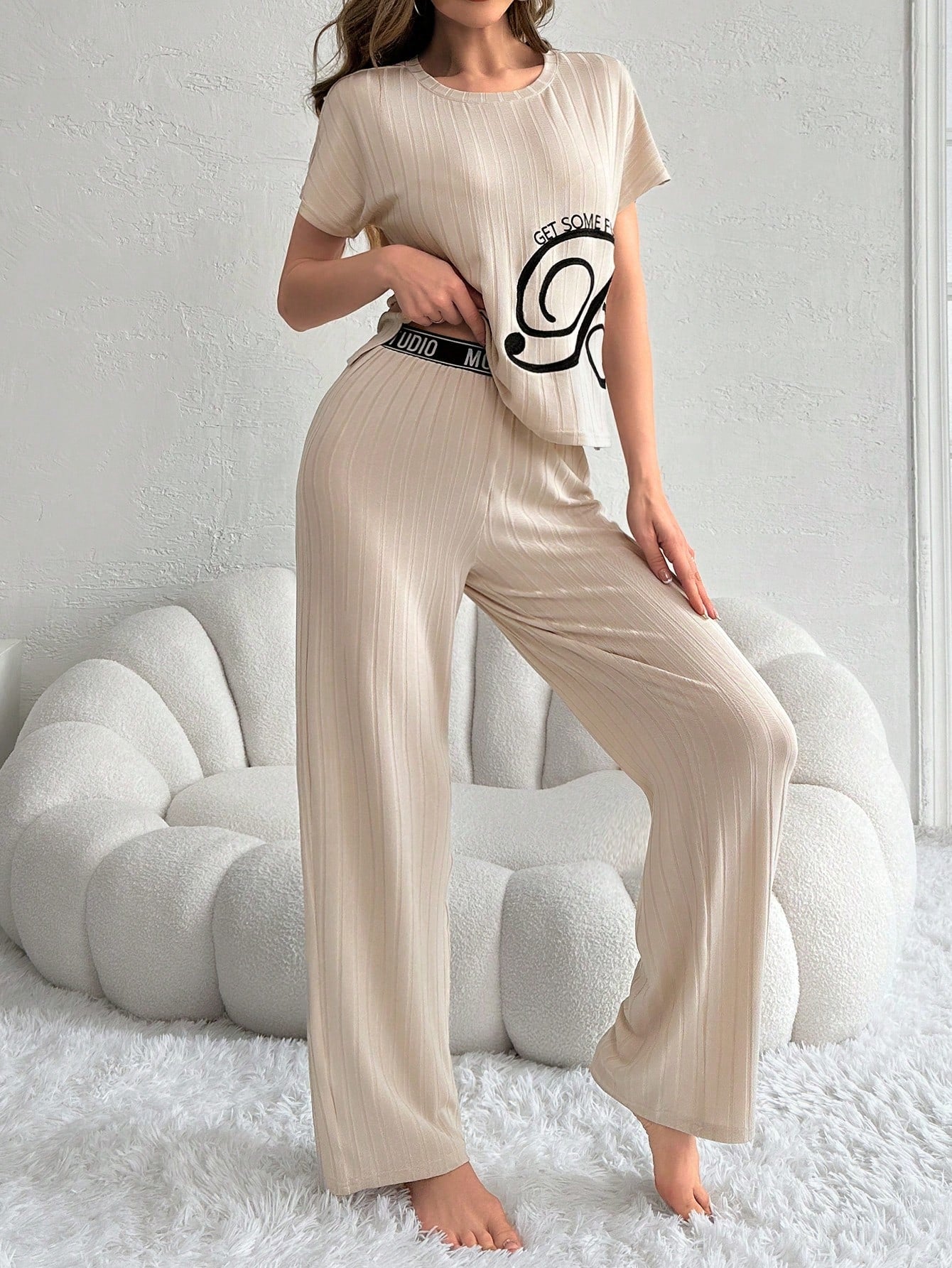 Women'S Loose Fit Casual Home Wear Set with Letter Embroidery