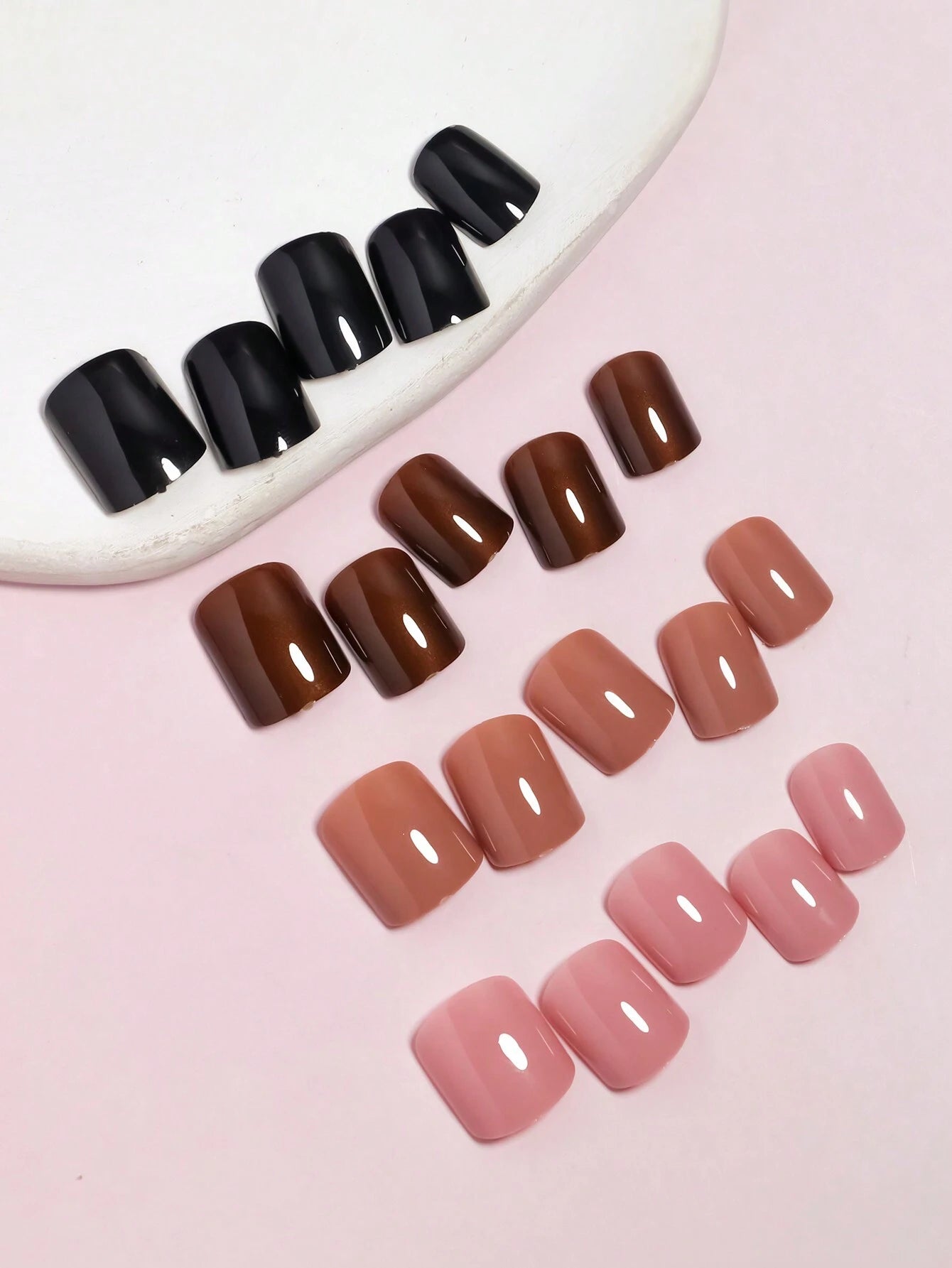 4 Colors (96 Pcs) Square Shape Press Nails Medium Size False Nails Brown Series Fake Nails Acrylic Faux Gloss Design Nails Full Coverage Nails for Women and Girls as Gifts