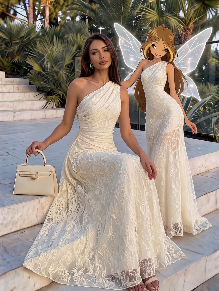 SHEIN Firerie فستان ماكسي بلون أوف وايت بخصر محدد بدون أكمام