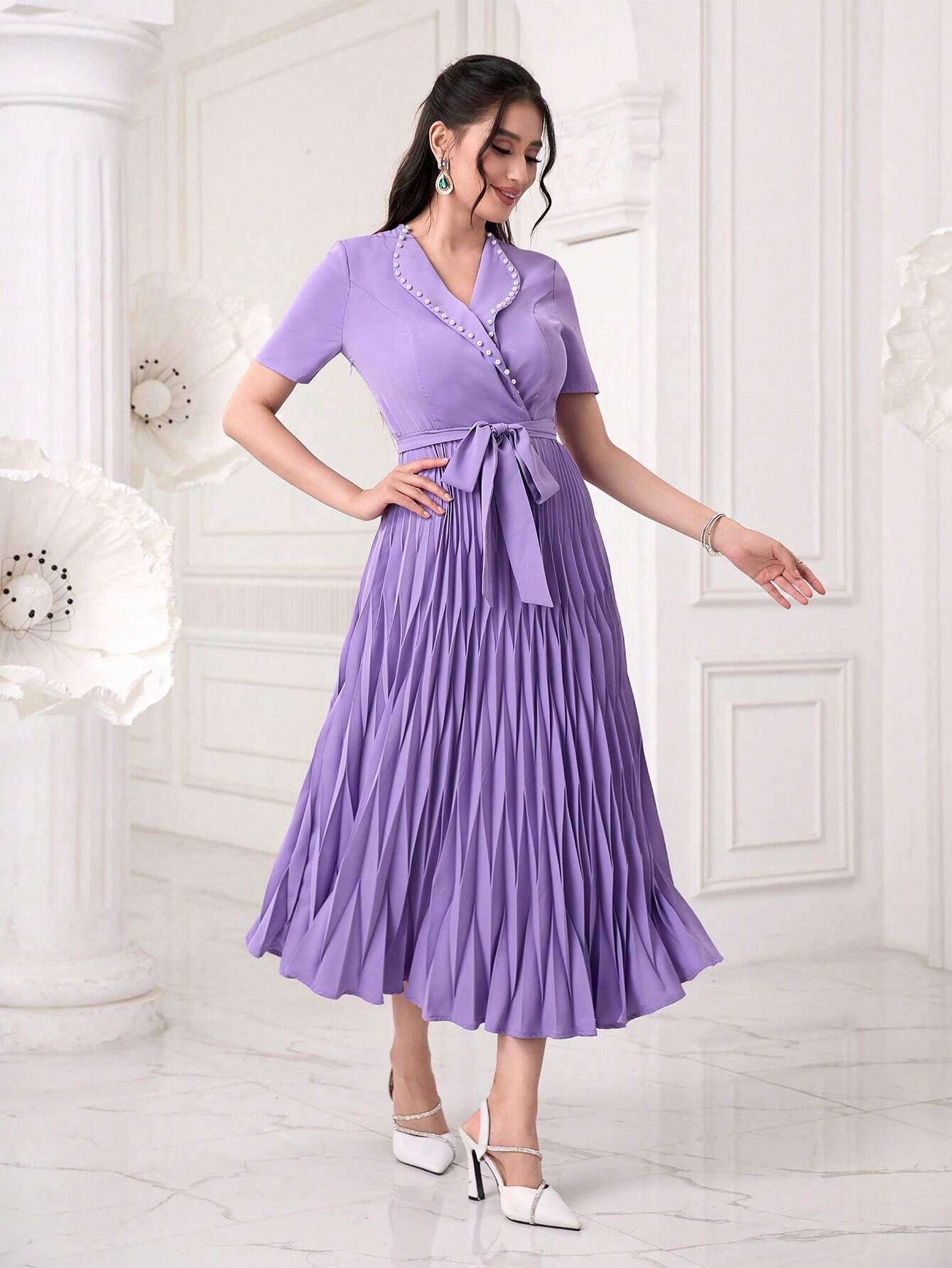 Modely Pearls Beaded Detail Belted Pleated Hem Dress