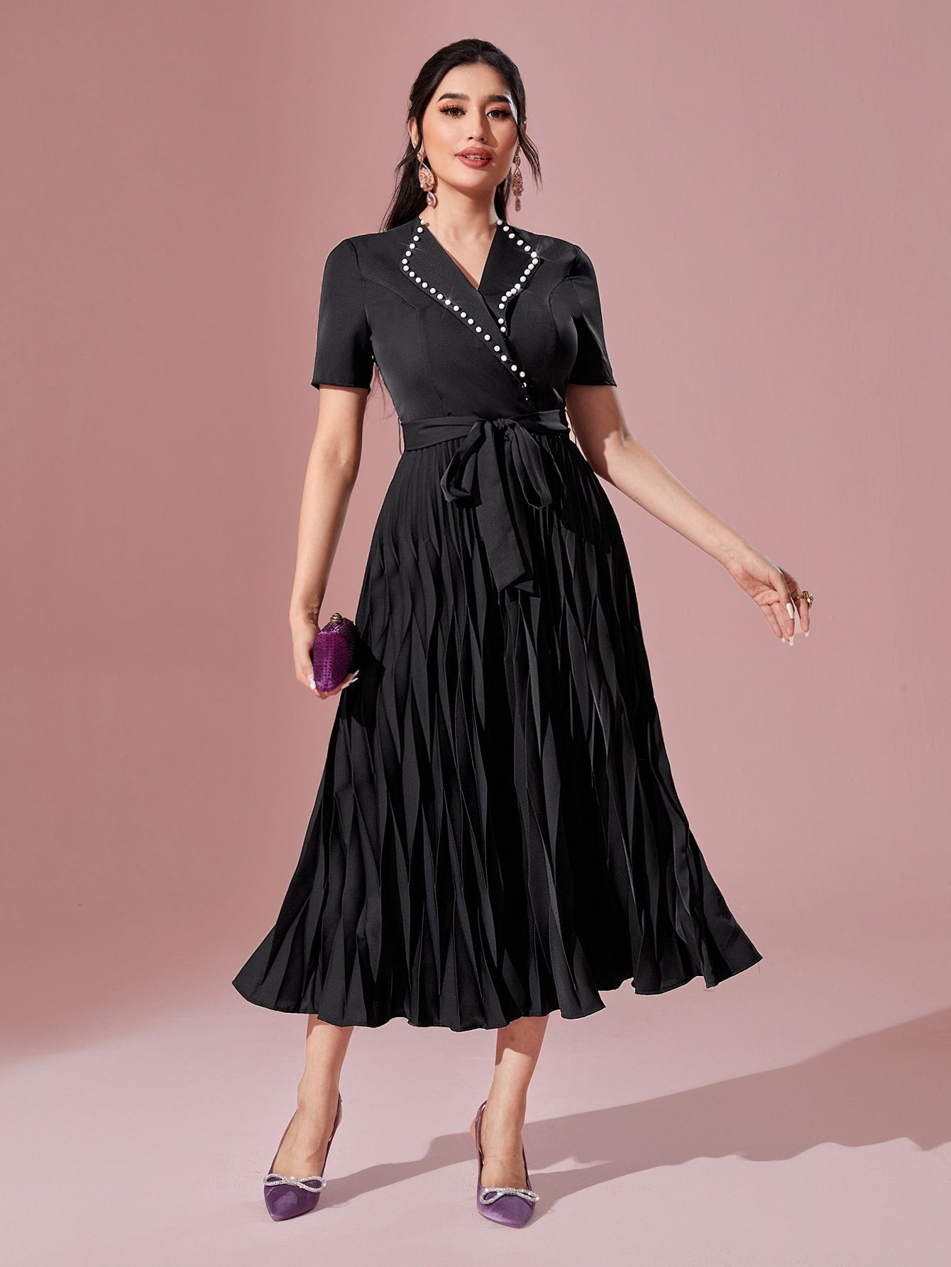 Modely Pearls Beaded Detail Belted Pleated Hem Dress