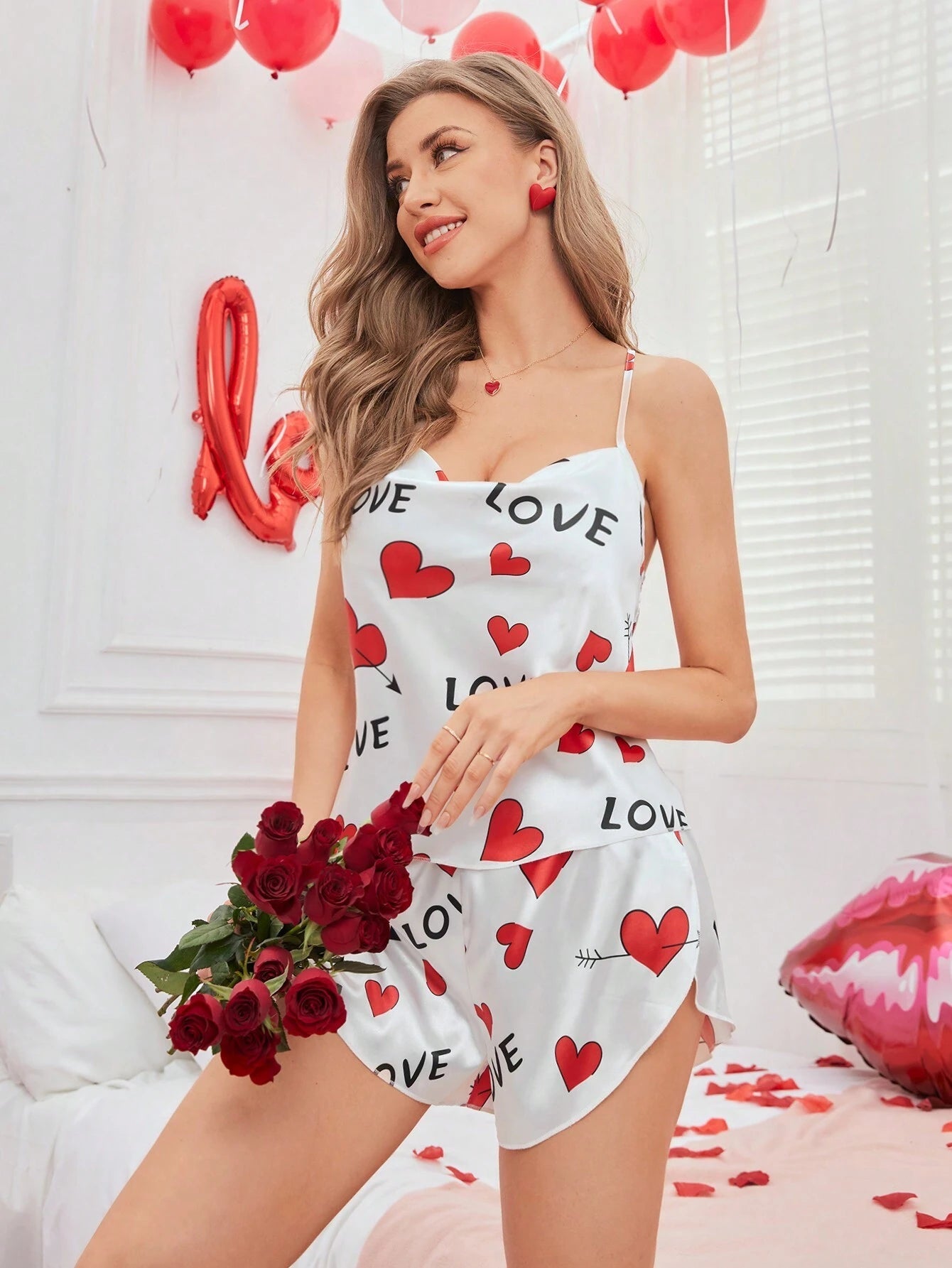 Women'S Heart & Letter Print Cami Top and Shorts Pajama Set