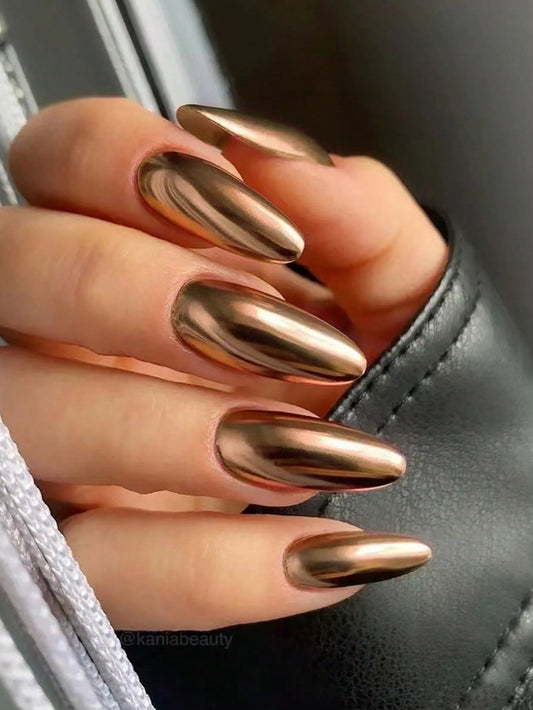 24Pcs Long Almond Press on Nails - Cool Metallic Chrome Champagne False Nails | Punk Metal Chrome Finish Medium Reusable Fake Nails in 12 Sizes - Nail Kits as Gift for Women and Girls & 1Sheet Tape & 1Pc Nail File