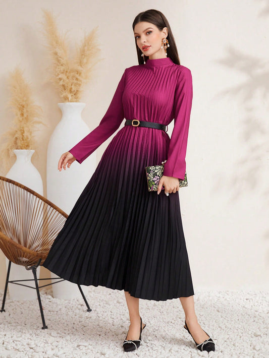 Modely Women'S Gradient Color Stand Collar Pleated Long Sleeve Dress