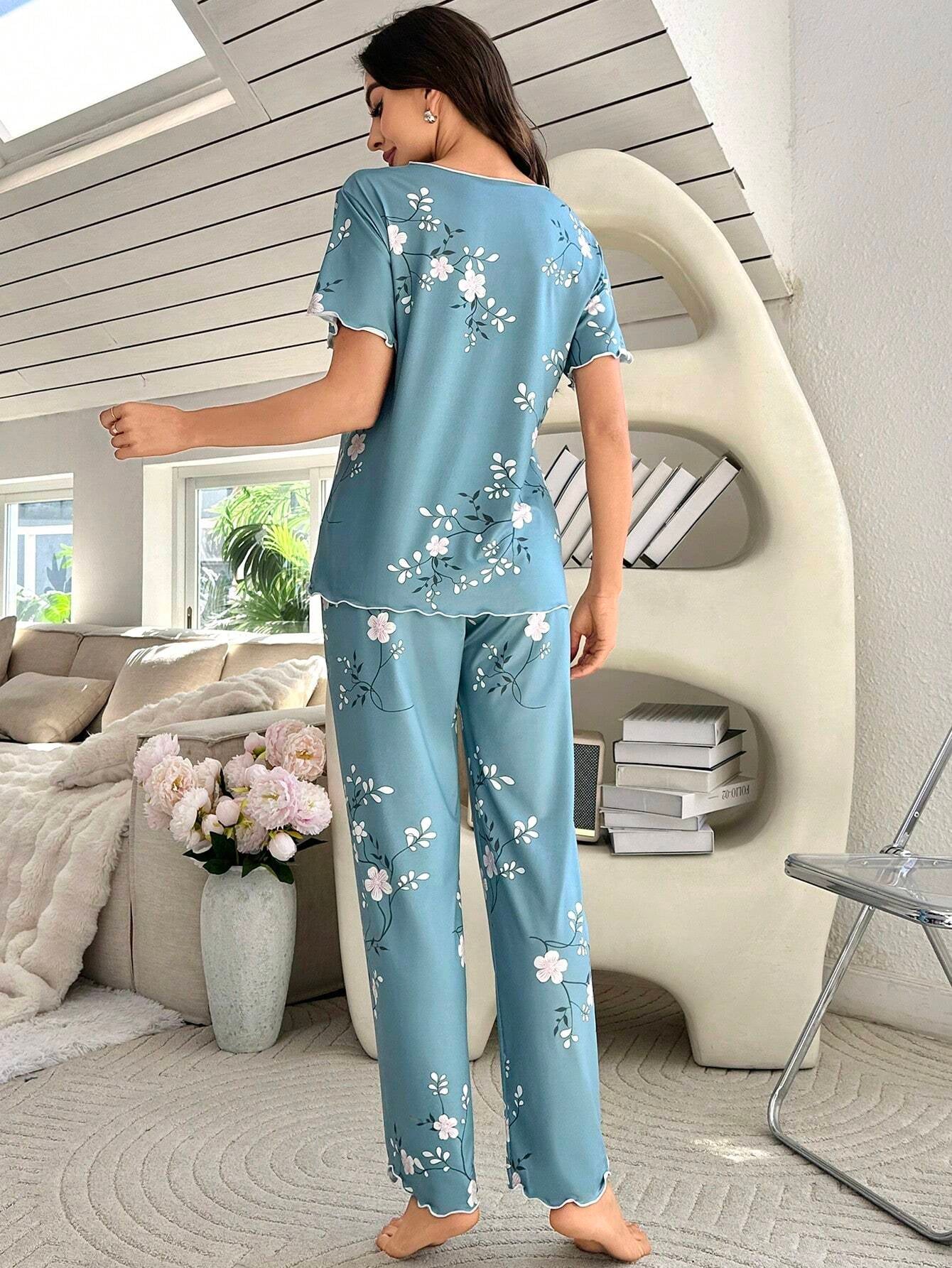 Floral Printed Short Sleeve Top & Pants Homewear Set