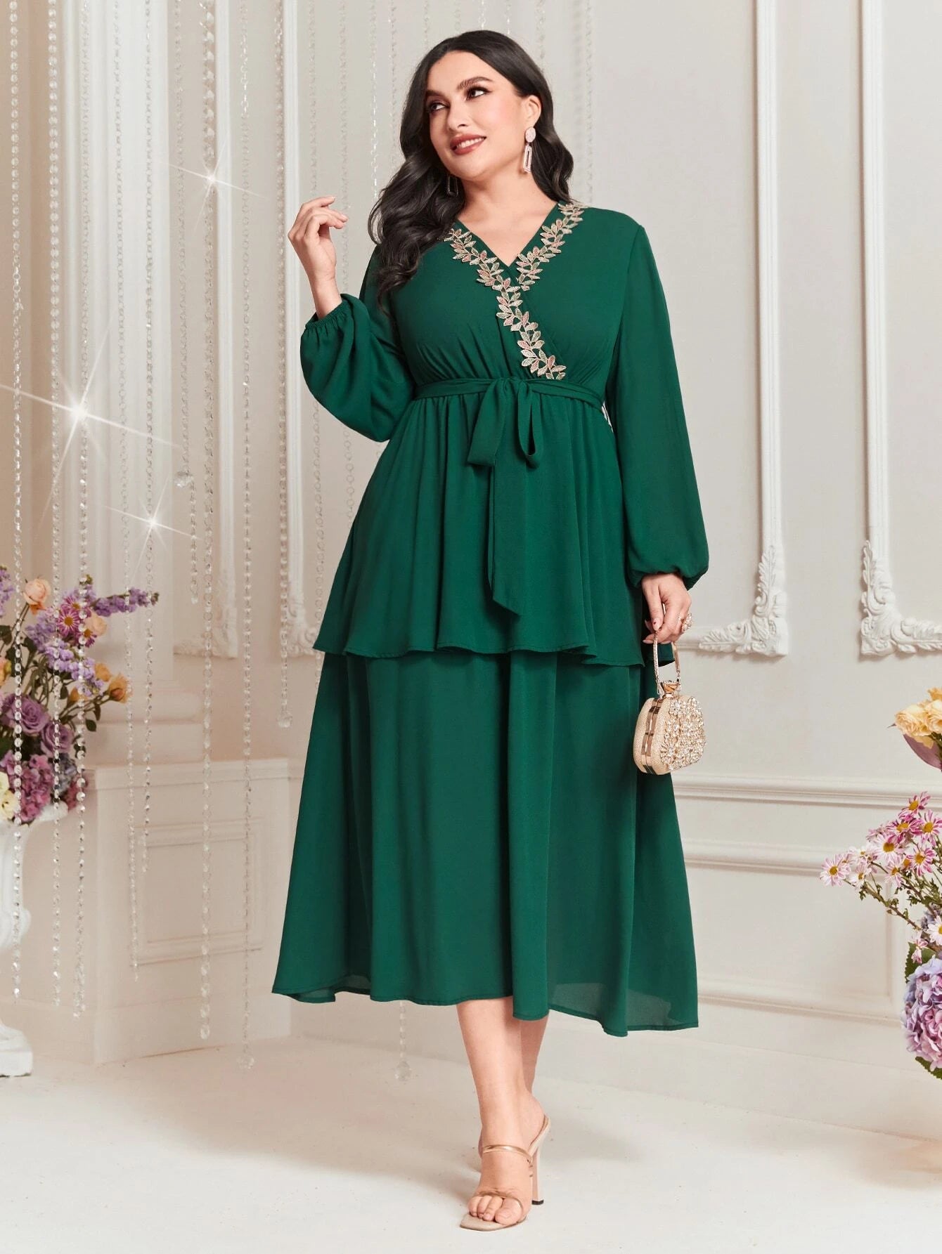 Modely plus Size Embroidered Decor Lantern Sleeve Dress