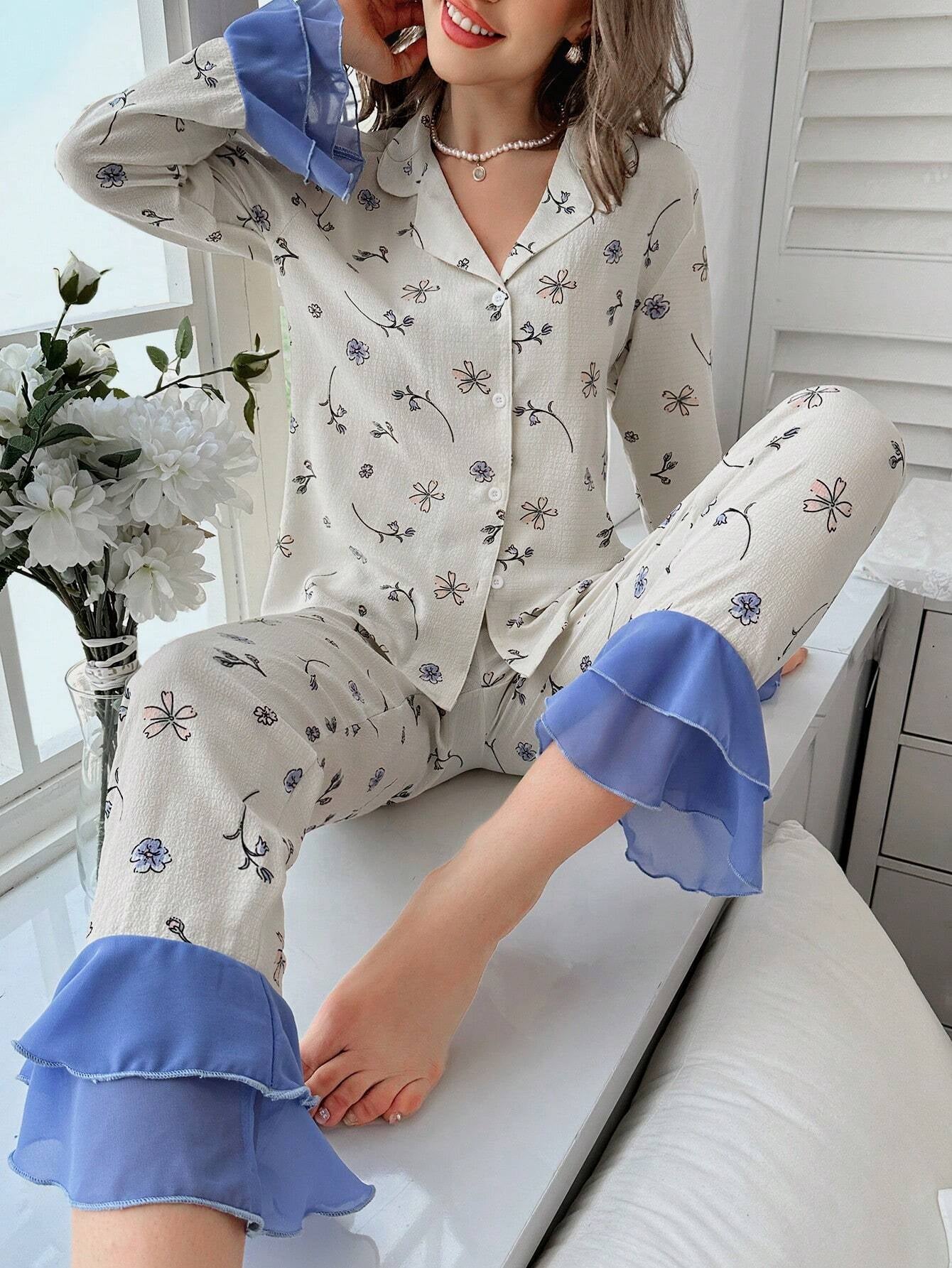 Floral Print Flare Sleeve Ruffle Hem PJ Set