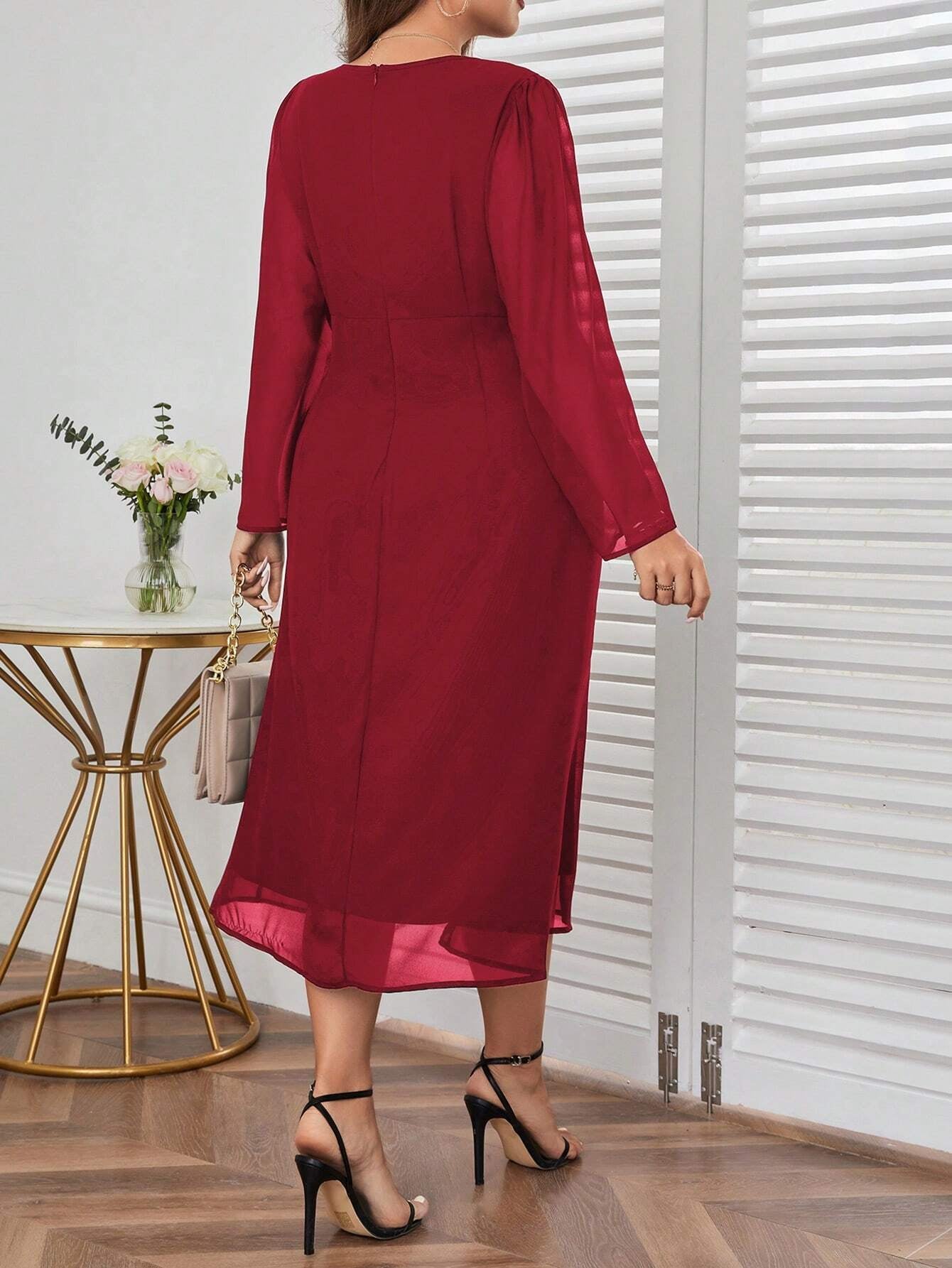 Privé plus Size Wrap Neck Long Sleeve Dress