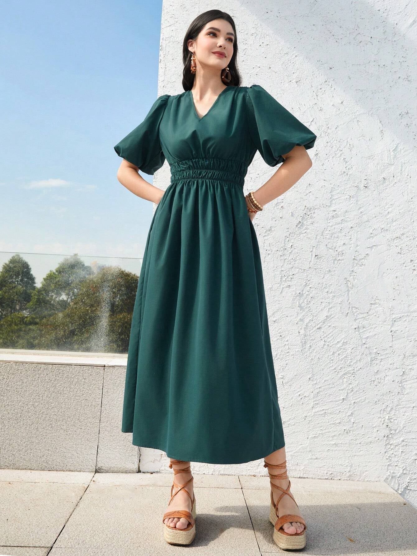 Mulvari Women'S Lantern Sleeve Waist Adjustable Dress