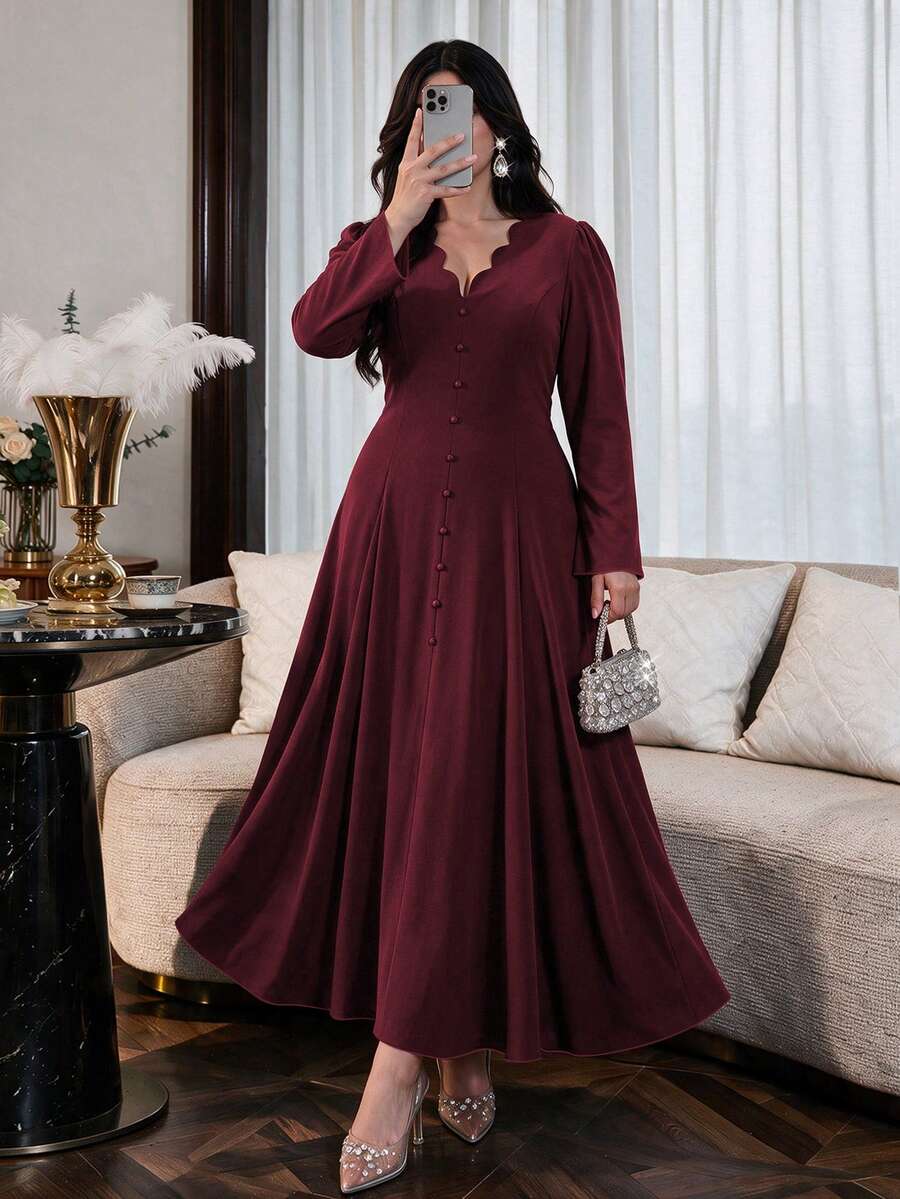 SHEIN Modelyn فستان عنابي بأزرار أمامية