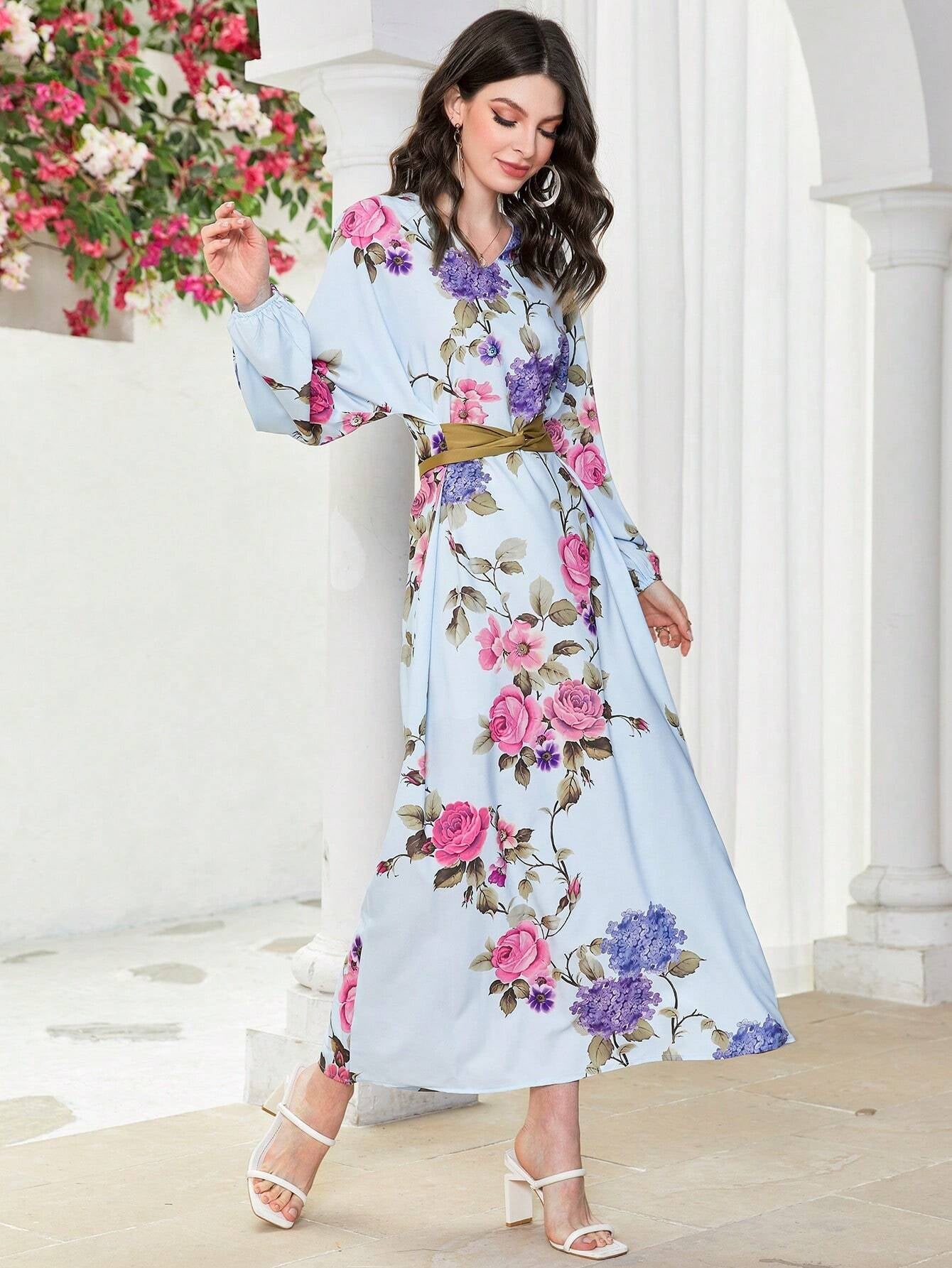 Mulvari Floral Print Lantern Sleeve Dress