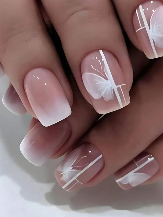 Upgrade Your Look with 24Pcs Short Coffin Shape Simple Pink & White Gradient Jelly Gel Press on Nails, Suitable for Women and Girls